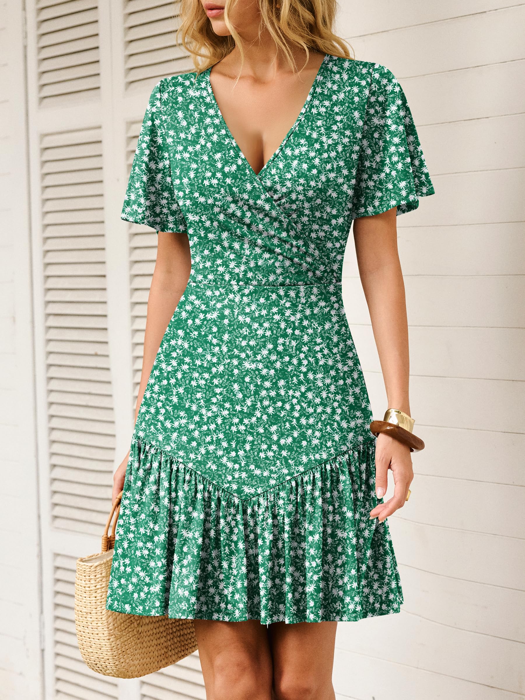ANRABESS Womens Summer Dresses Short Sleeve Wrap V Neck A-Line Floral Mini Dress Spring Causal Boho Beach Vacation Sundress Green White Floral L