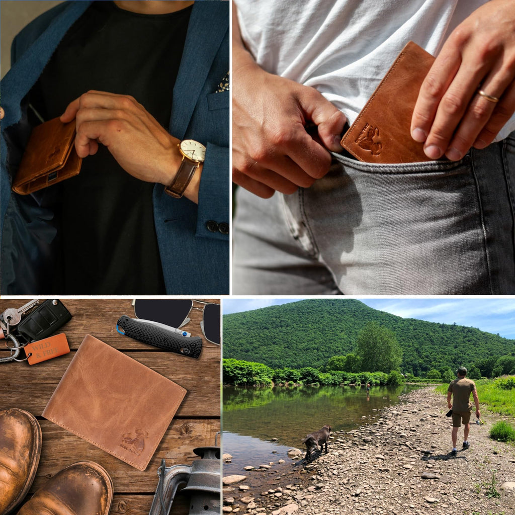 Mens Leather Wallet Bifold with ID Window and RFID Blocking Secure and Durable Extra Capacity Billfold with 11 Credit Cards In Wild Buck Tan