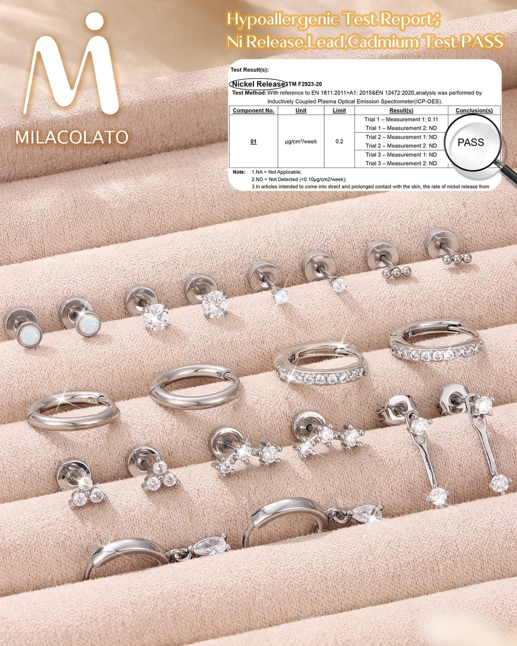 MILACOLATO Hypoallergenic Flatback Stud Earrings for Women, 14K Gold Plated & 20G Surgical Stainless Steel Cartilage Earring Stacks Sets for Multiple Piercing, Trendy Small Hoop Earrings, Silver