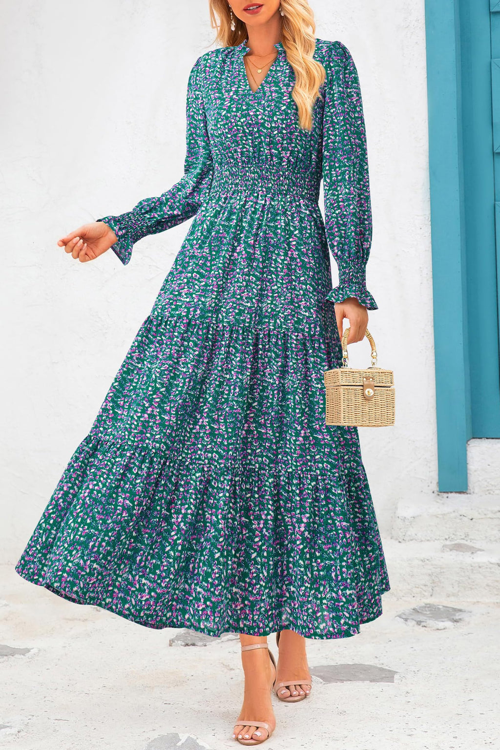 PRETTYGARDEN Women's Floral Maxi Dress 2026 Fall Long Sleeve V Neck A Line Long Flowy Spring Party Boho Dresses (Floral Purple Green,Medium)