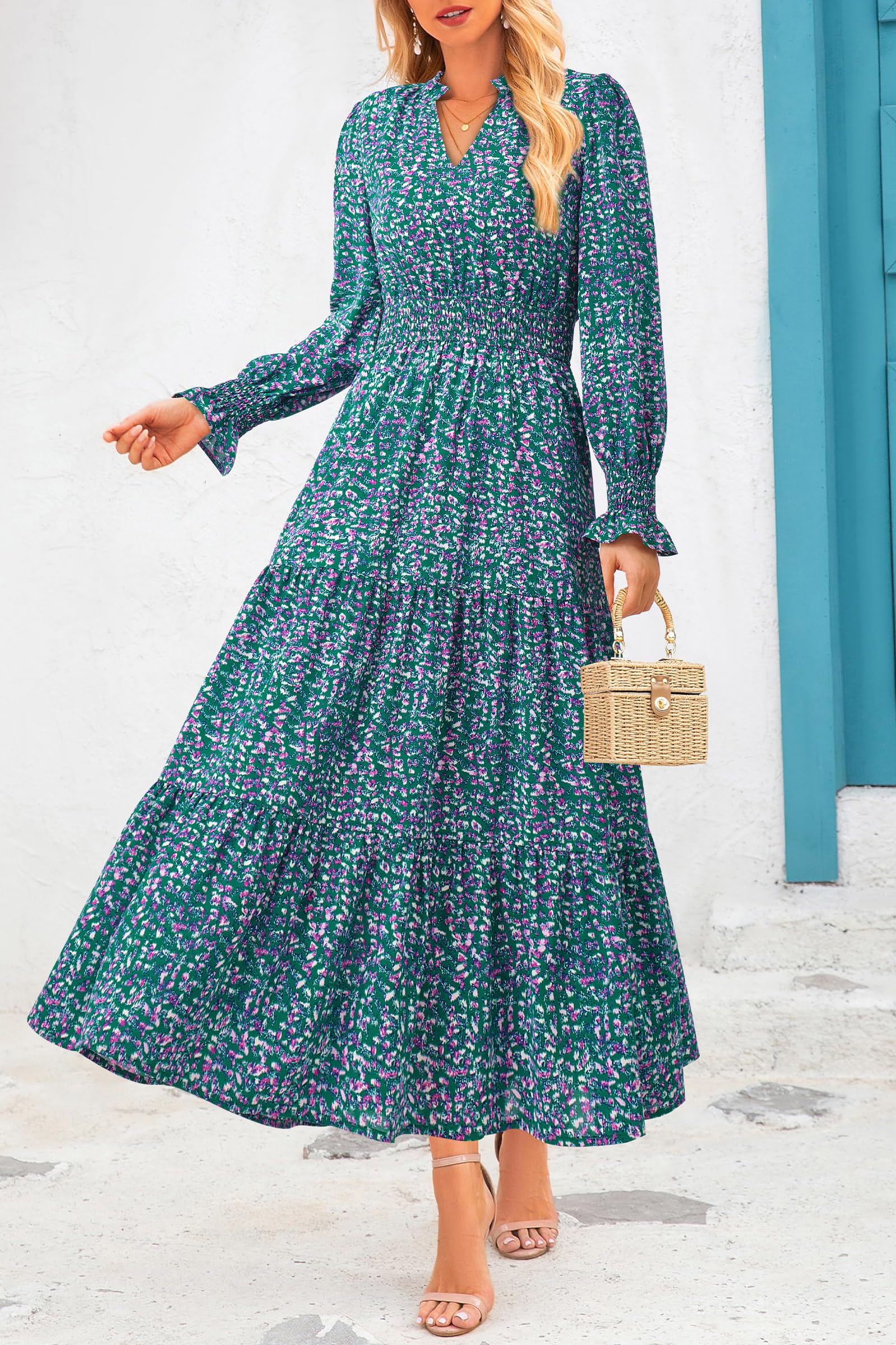 PRETTYGARDEN Women's Floral Maxi Dress 2026 Fall Long Sleeve V Neck A Line Long Flowy Spring Party Boho Dresses (Floral Purple Green,Medium)