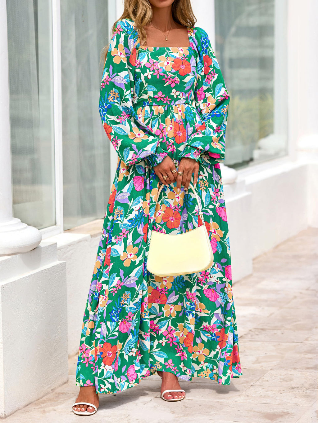 PRETTYGARDEN Women Floral Maxi Dresses 2026 Spring Long Sleeve Square Neck Boho A Line Wedding Guest Casual Flowy Long Dress(Green Floral,X-Large)
