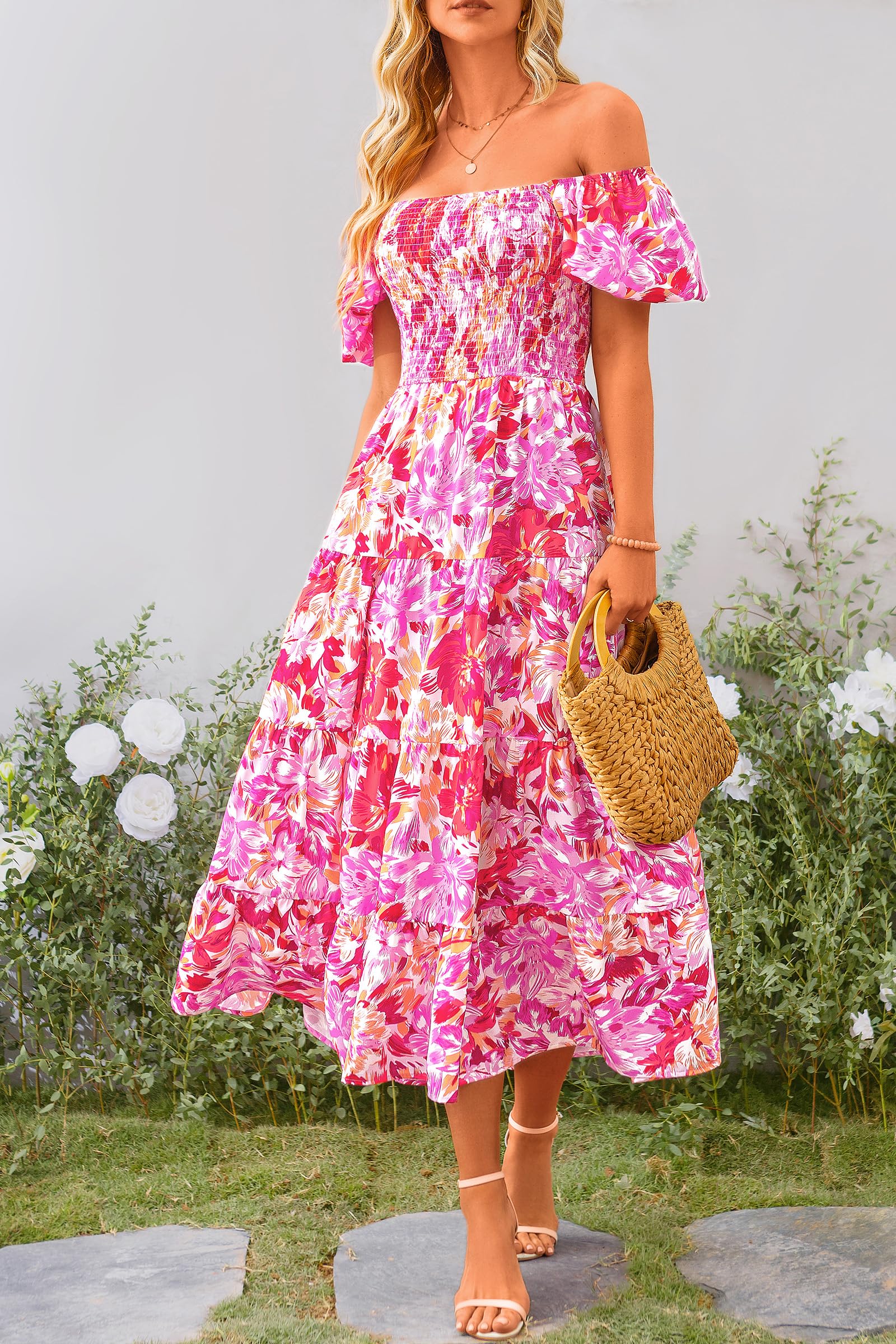 PRETTYGARDEN Women's Casual Summer Midi Dress Puffy Short Sleeve Square Neck Smocked Tiered Ruffle Dresses (Floral Rose Red,Large)
