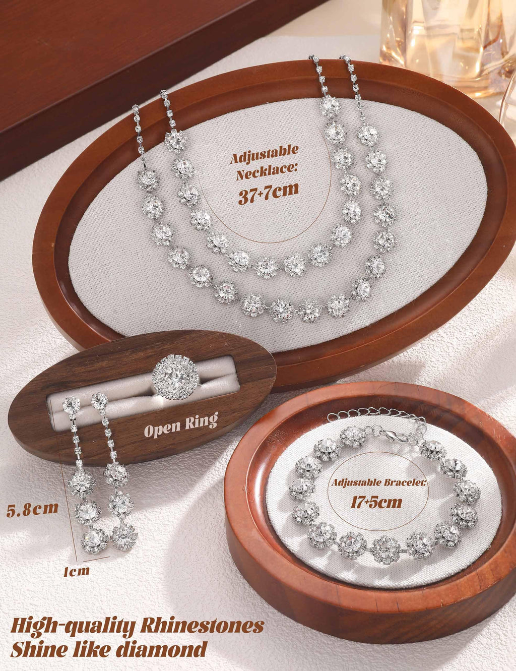 Tungary Silver Wedding Jewelry Sets for Women Hypoallergenic Choker Necklaces for Women Dangle Earrings Bracelet Adjustable Ring Wedding Jewelry Set for Bride Bridesmaid Party Prom Costume Accessories