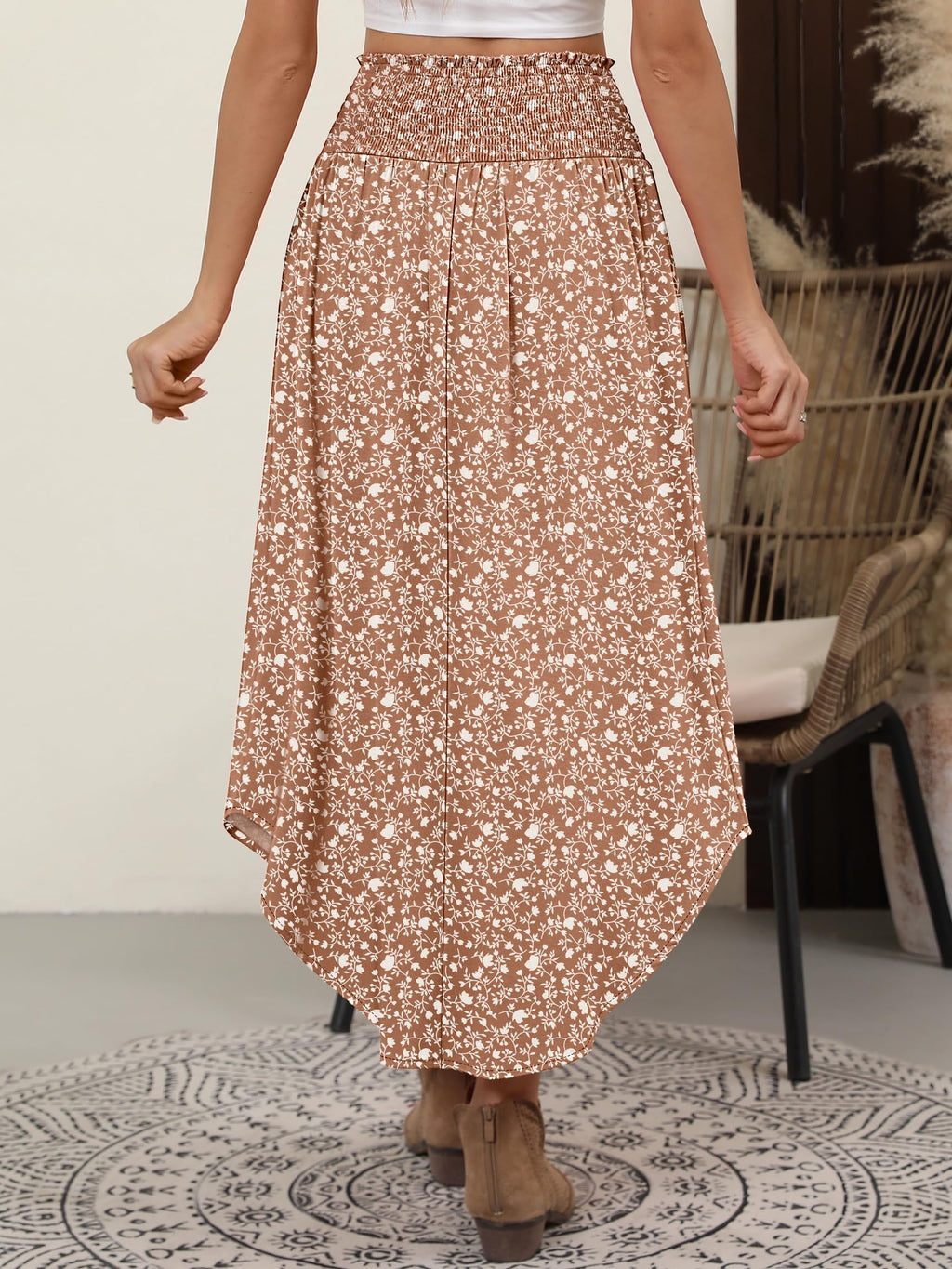 ANRABESS Women's Maxi Skirts Summer Boho Floral High Waisted Flowy Swing Pleated Beach Long Skirt with Pockets Brown Large
