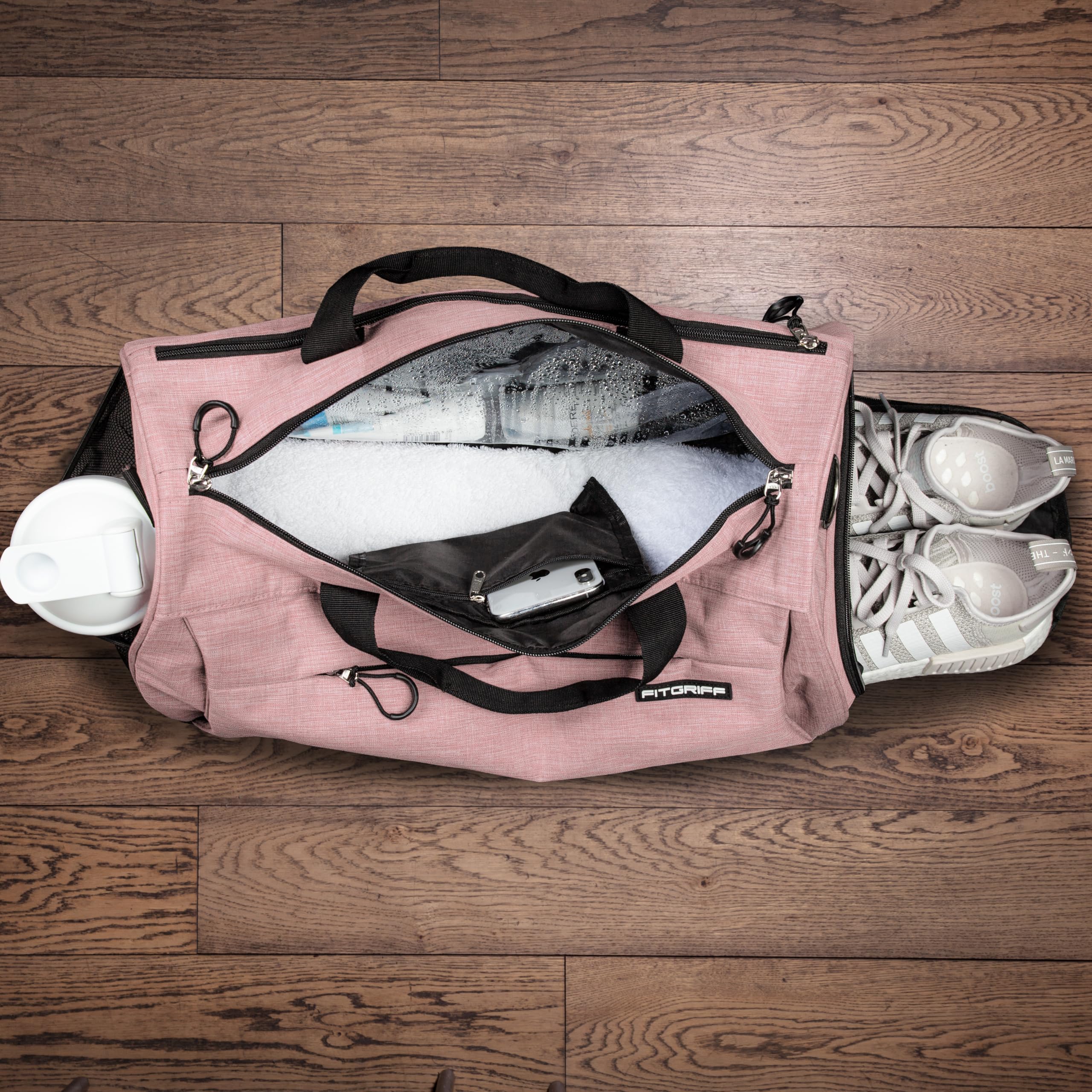 Fitgriff® Gym Bag for Men & Women with Shoe & Wet Compartment - Duffle Bag for Travel, Sports, Fitness & Workout (Pink, 19 x 10 x 10″ (S))