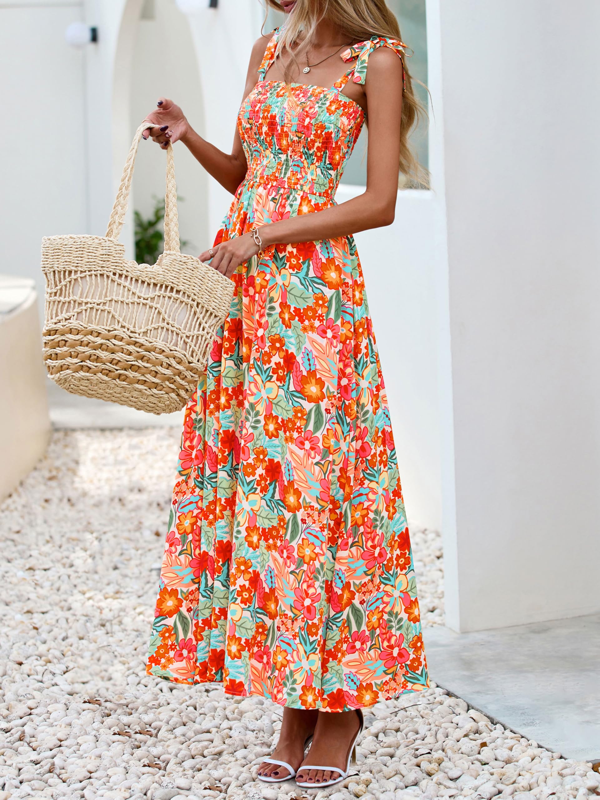 PRETTYGARDEN Womens Summer Dresses Floral Sleeveless Smocked Maxi Dress Boho Spaghetti Strap A Line Flowy Beach Long Sundress(Light Apricot Orange Flower,X-Large)