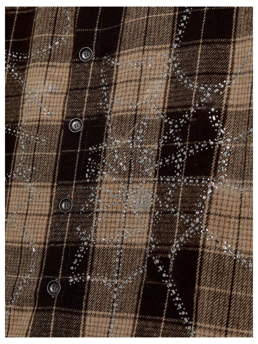 GORGLITTER Men's Gingham Cropped Shirt Button Up Y2K Rhinestone Short Sleeve Boxy Collared Plaid Streetwear Crop Tops Coffee Brown Small