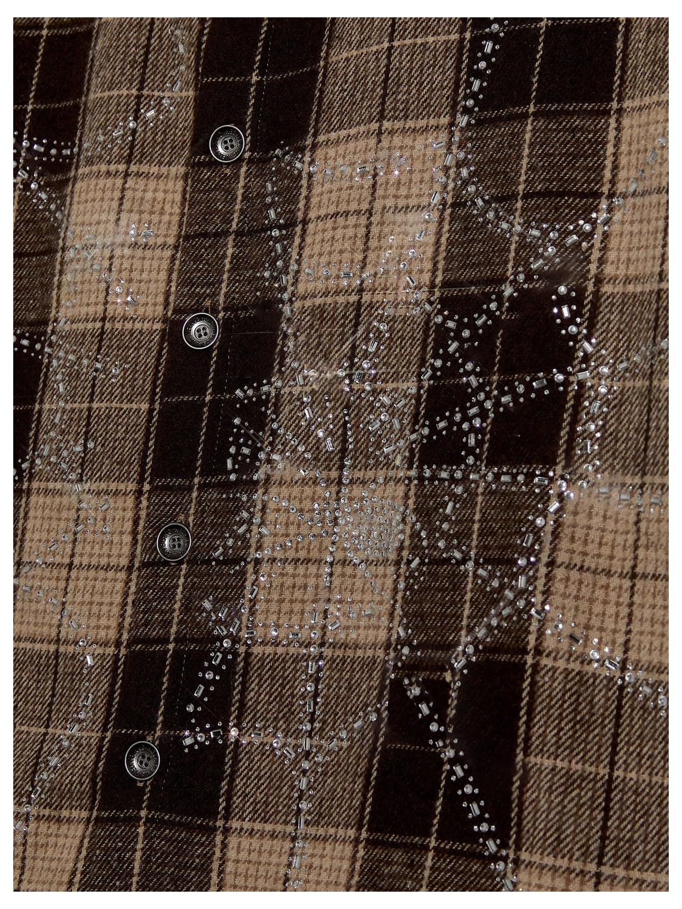GORGLITTER Men's Gingham Cropped Shirt Button Up Y2K Rhinestone Short Sleeve Boxy Collared Plaid Streetwear Crop Tops Coffee Brown Small