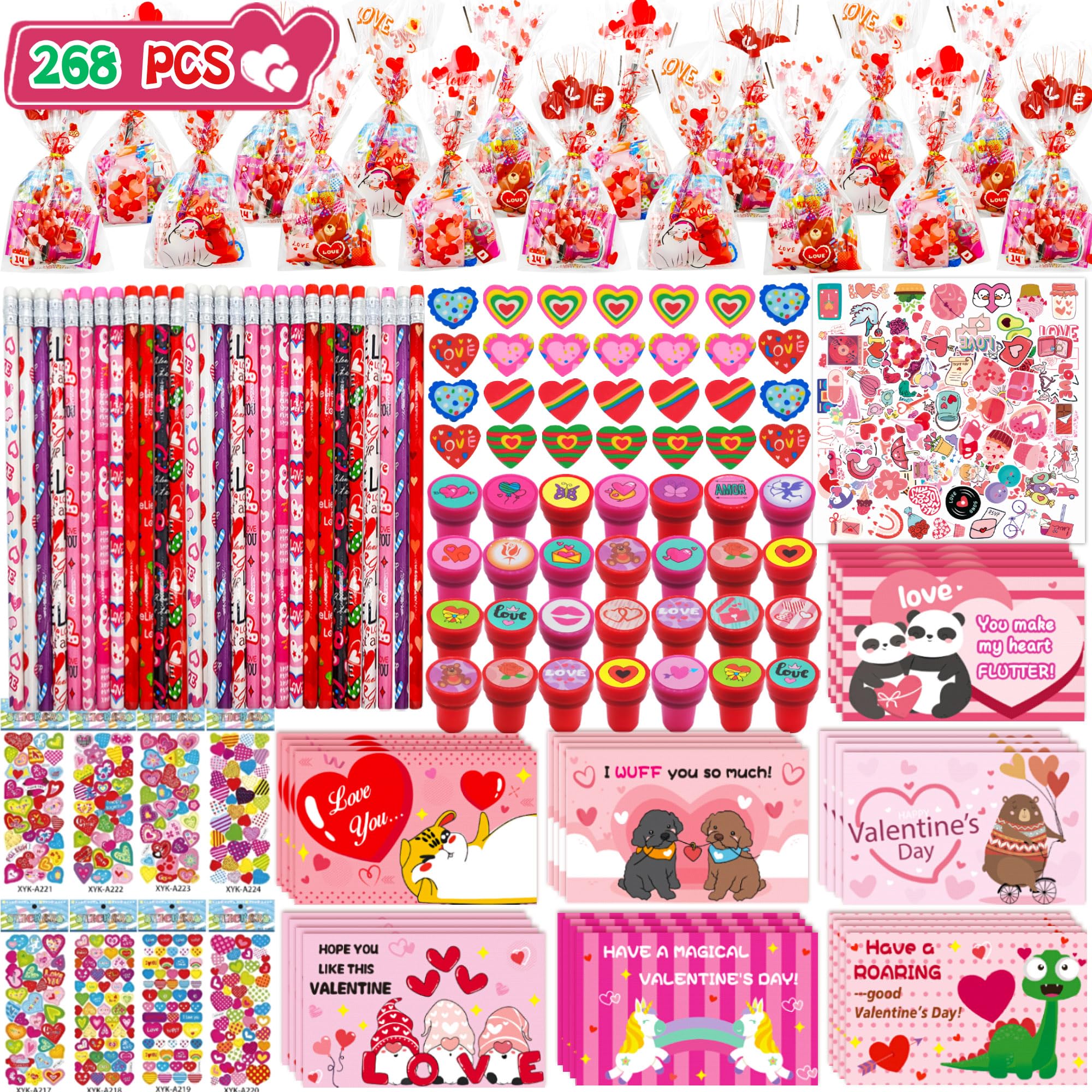 Phaorui 268pcs Valentines Day Gifts for Kids Classroom 28 Pack Valentines Goodie Bags Stuffers Valentine Card Gift for Kid Valentine Classroom Party Favors Prizes for Kids Girls