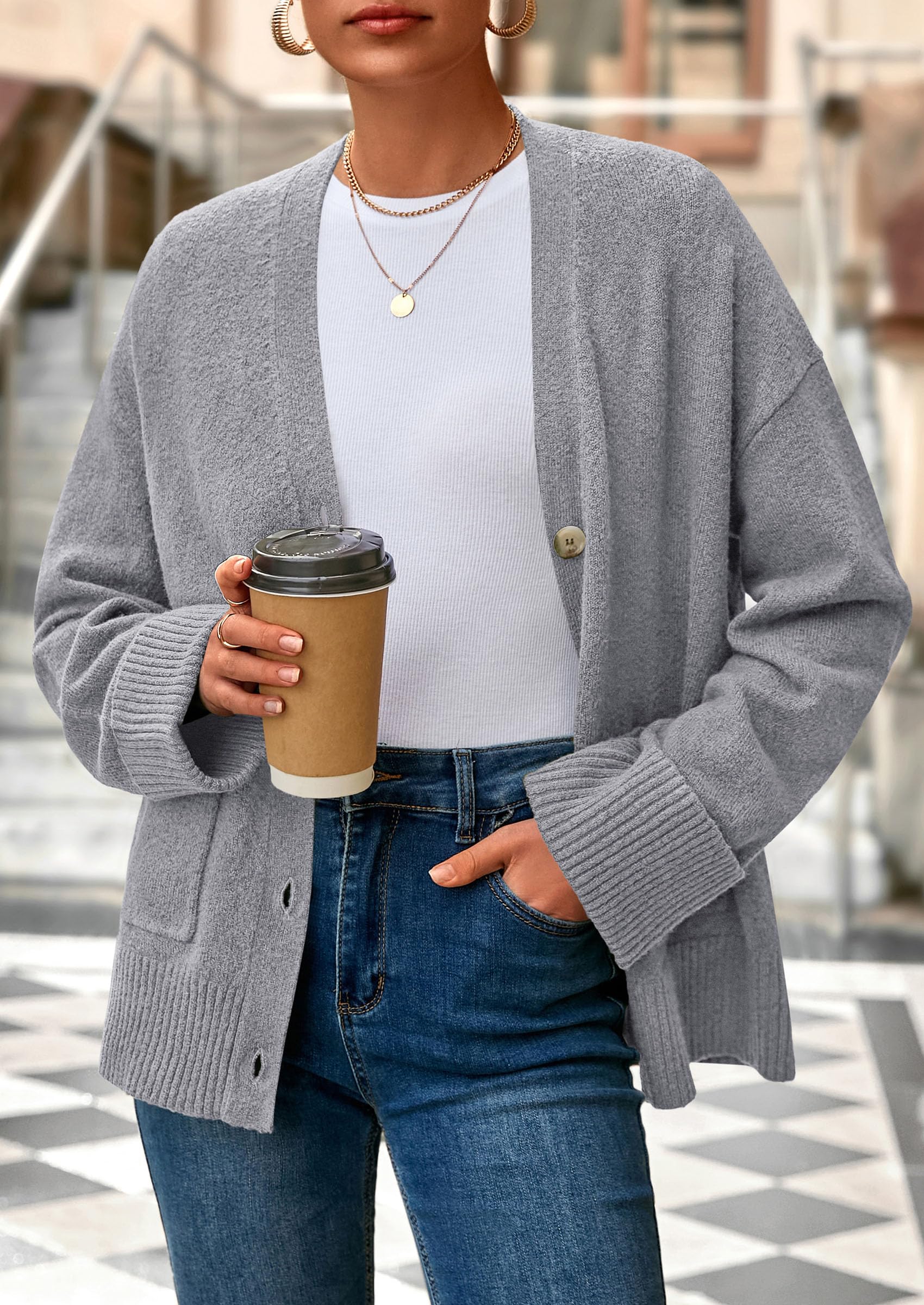 PRETTYGARDEN Women's 2026 Oversized Cardigan Sweaters Trendy Chunky Knit Long Sleeve V Neck Button Down Fall Winter Outfits (Grey,Small)