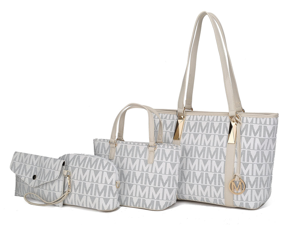 MKF Collection Tote Bag for Women, Shoulder Handbag & Wristlet Pouch Purse Top Handle Vegan Leather 4Pcs Set Pocketbook Marimar White by Mia k