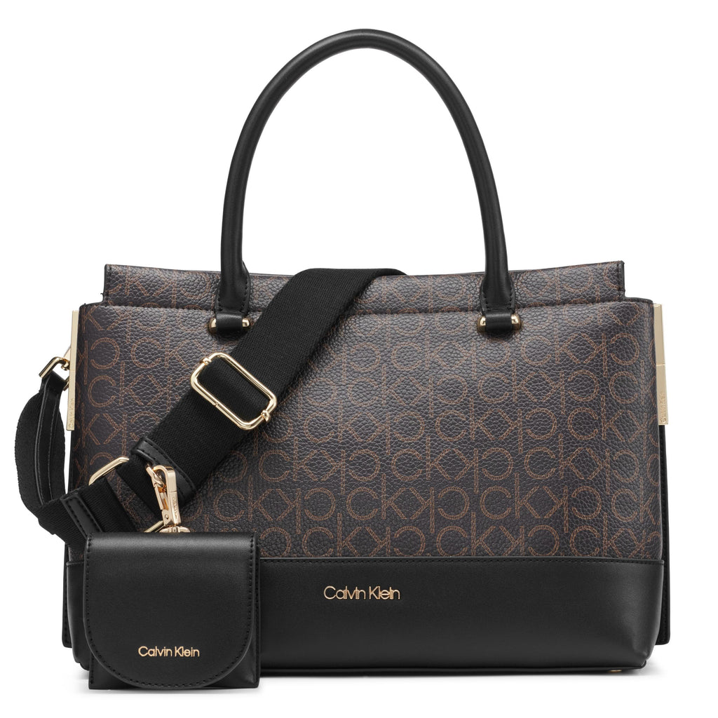 Calvin Klein Bianca Triple Compartment Satchel, Brown/Khaki/Black, One Size