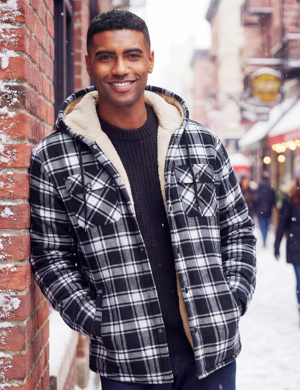 MAGNIVIT Men's Flannel Plaid Jacket Warm Sherpa Lined Fleece Hoodies for Men Thick Jackets Winter Coat BlackWhite