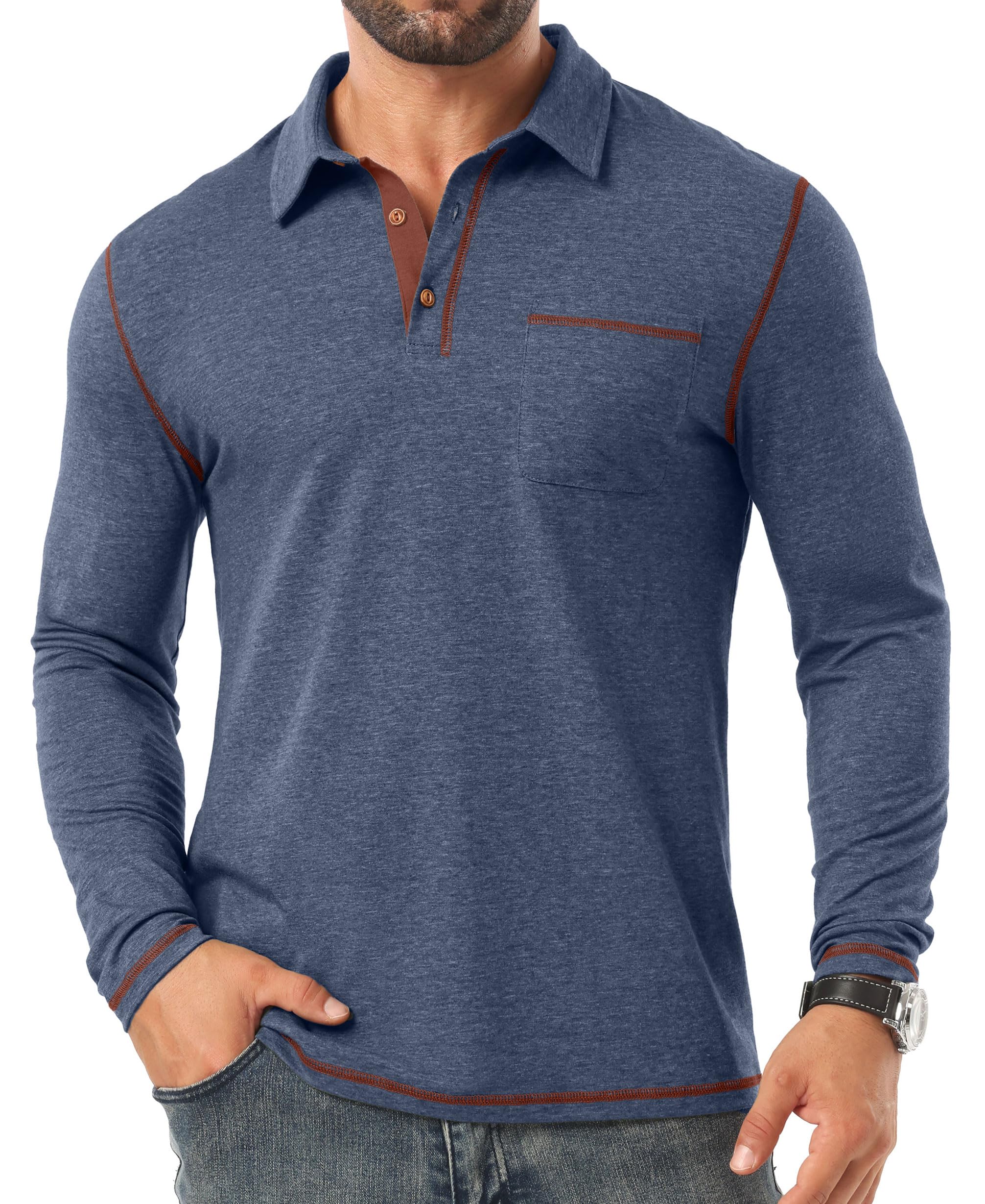 Sailwind Mens Long Sleeve Polo Shirts Cotton Fashion Casual Classic Collared Golf Shirts Navy Blue
