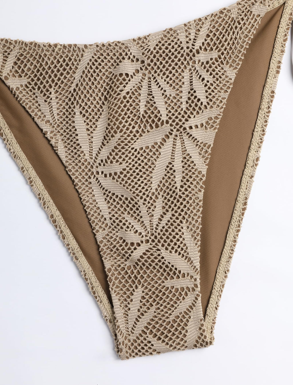 ZAFUL Boho Halter Bikini Sets for Women Hollow Crochet Beaded Backless Two Piece Swimsuit Cheeky High Cut Bathing Suit 3-Brown S