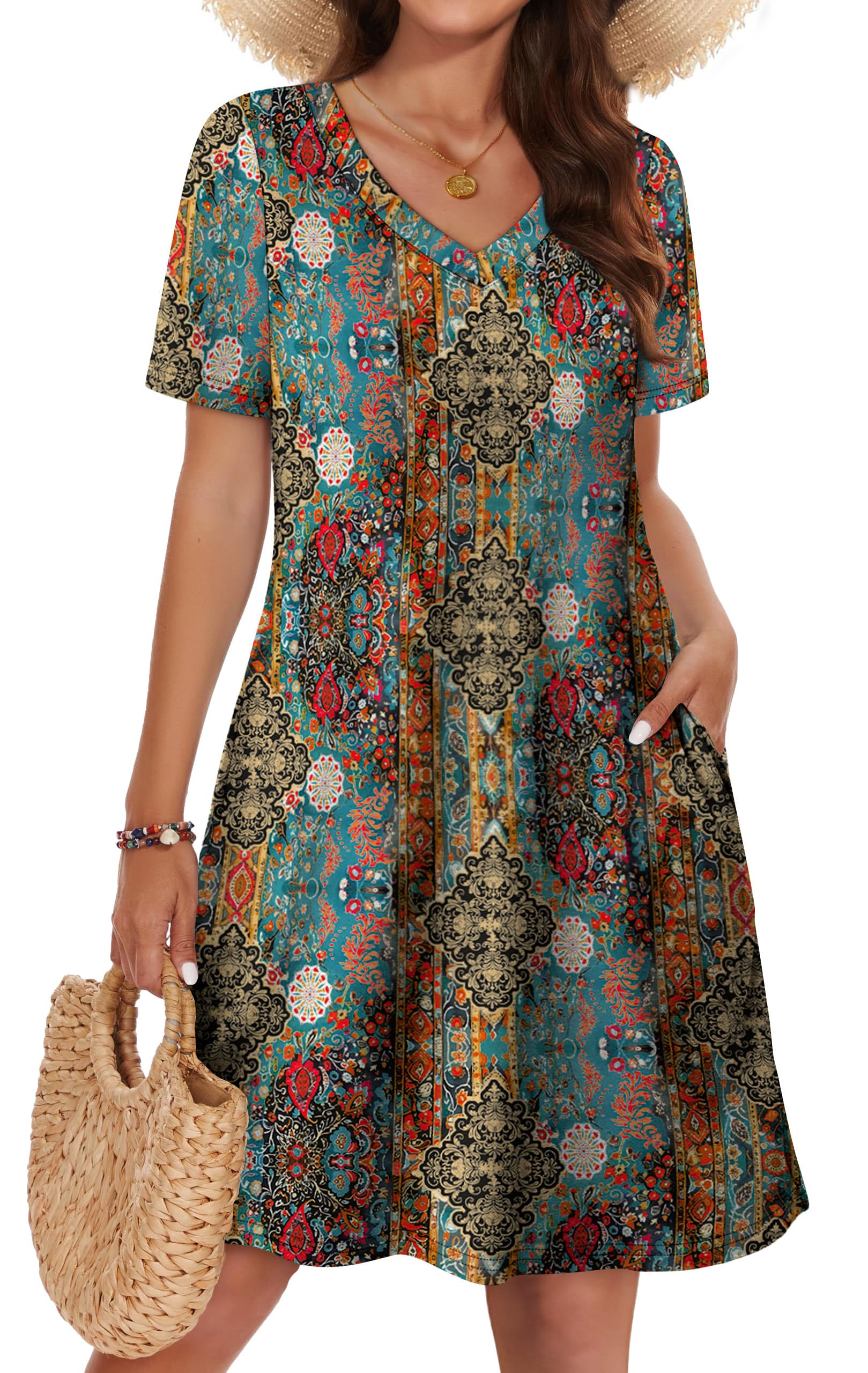 WIHOLL Summer Dresses for Women 2026 Casual Tshirts Dress with Pockets Beach Vacation Clothes Short Sleeves Flowy Sundress Loose Fit Vestidos Casuales para Mujer Spring Outfit Boho Multicolor L