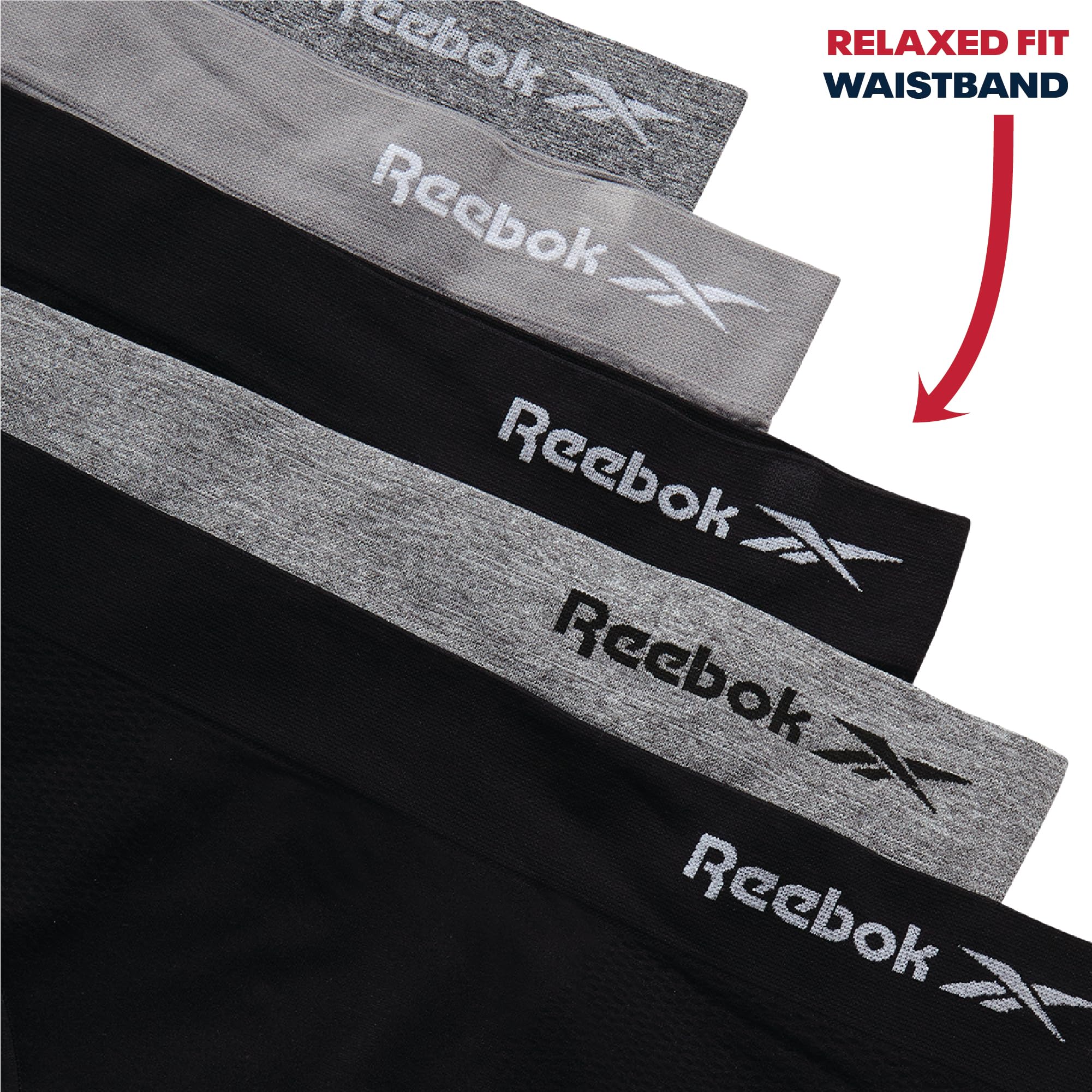 Reebok Hipster Panties for Women - 5 Pack Stretch Performance Seamless Underwear with Relaxed Tagless Waist (S-XL), Size Medium, Black/Charcoal/Heather Grey Melange/Black/Steel Grey