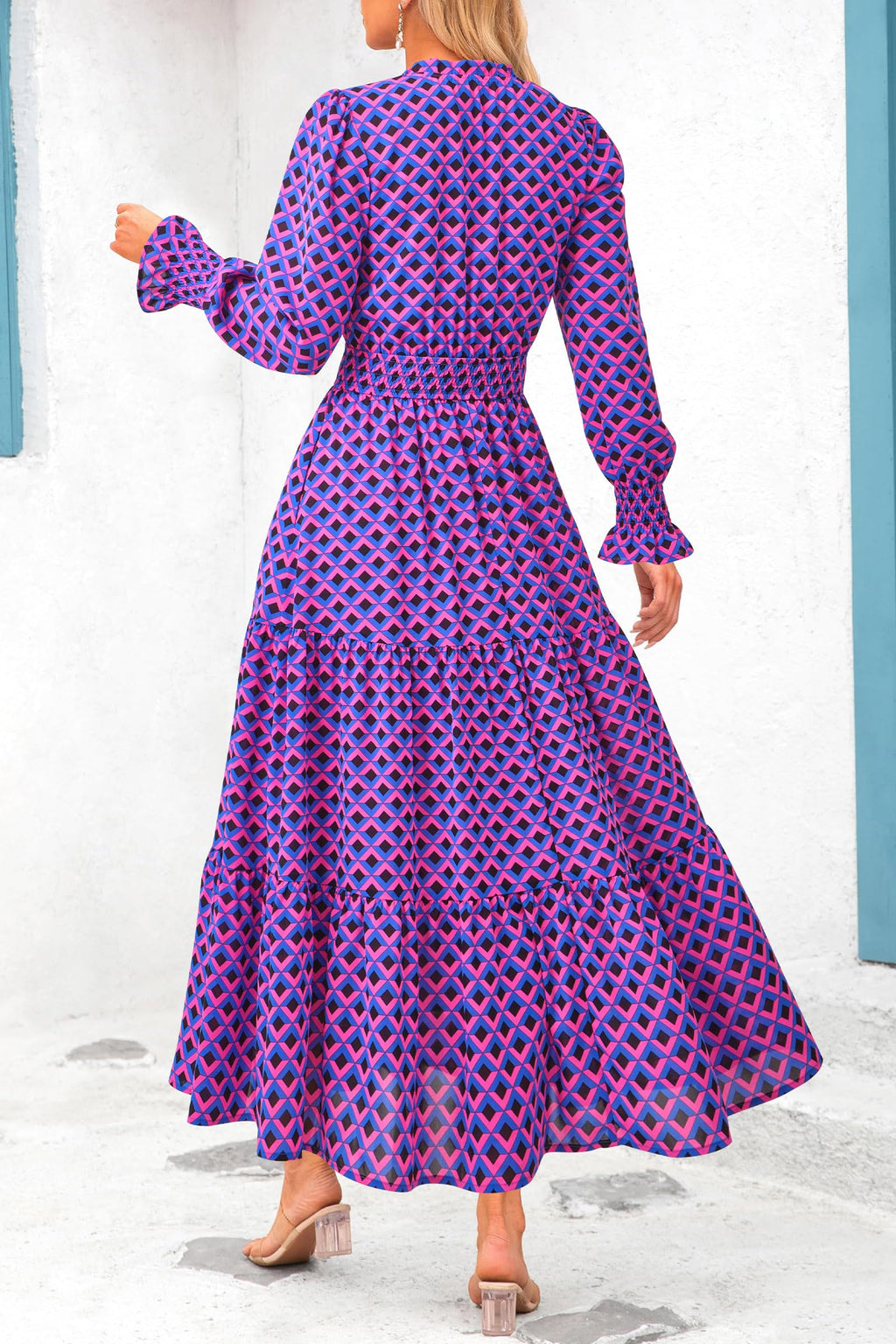 PRETTYGARDEN Women's Floral Maxi Dress 2026 Fall Long Sleeve V Neck A Line Long Flowy Spring Party Boho Dresses (Plaid Blue Pink,Large)