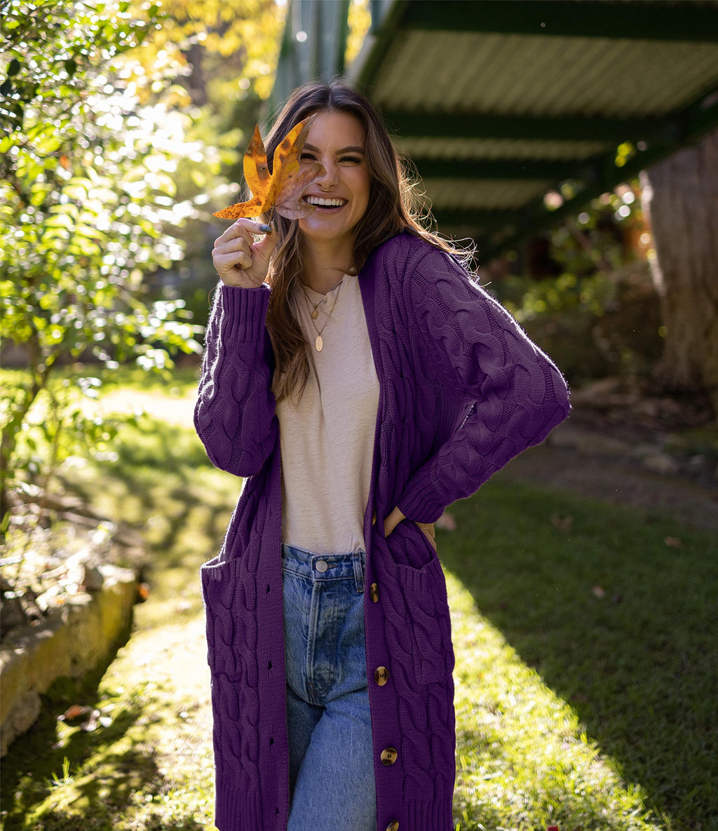 PRETTYGARDEN Long Sleeve Cable Knit Long Cardigan for Women 2026 Spring Winter Chunky Open Front Button Sweaters with Pockets (Deep Purple, Small)