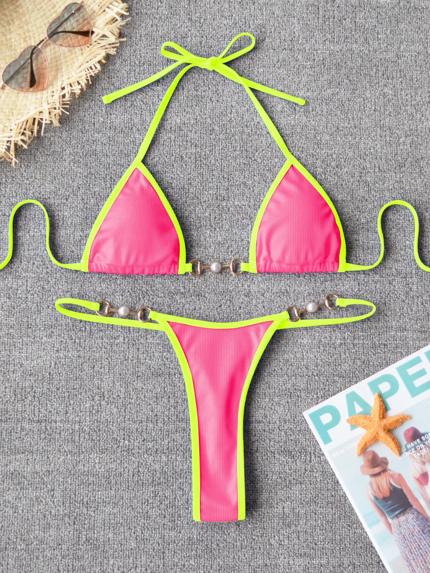 TASHEHE Women's Triangle Thong Bikini Set Sexy Brazillian Two Piece Swimsuit String Bathing Suit - Pink - Small