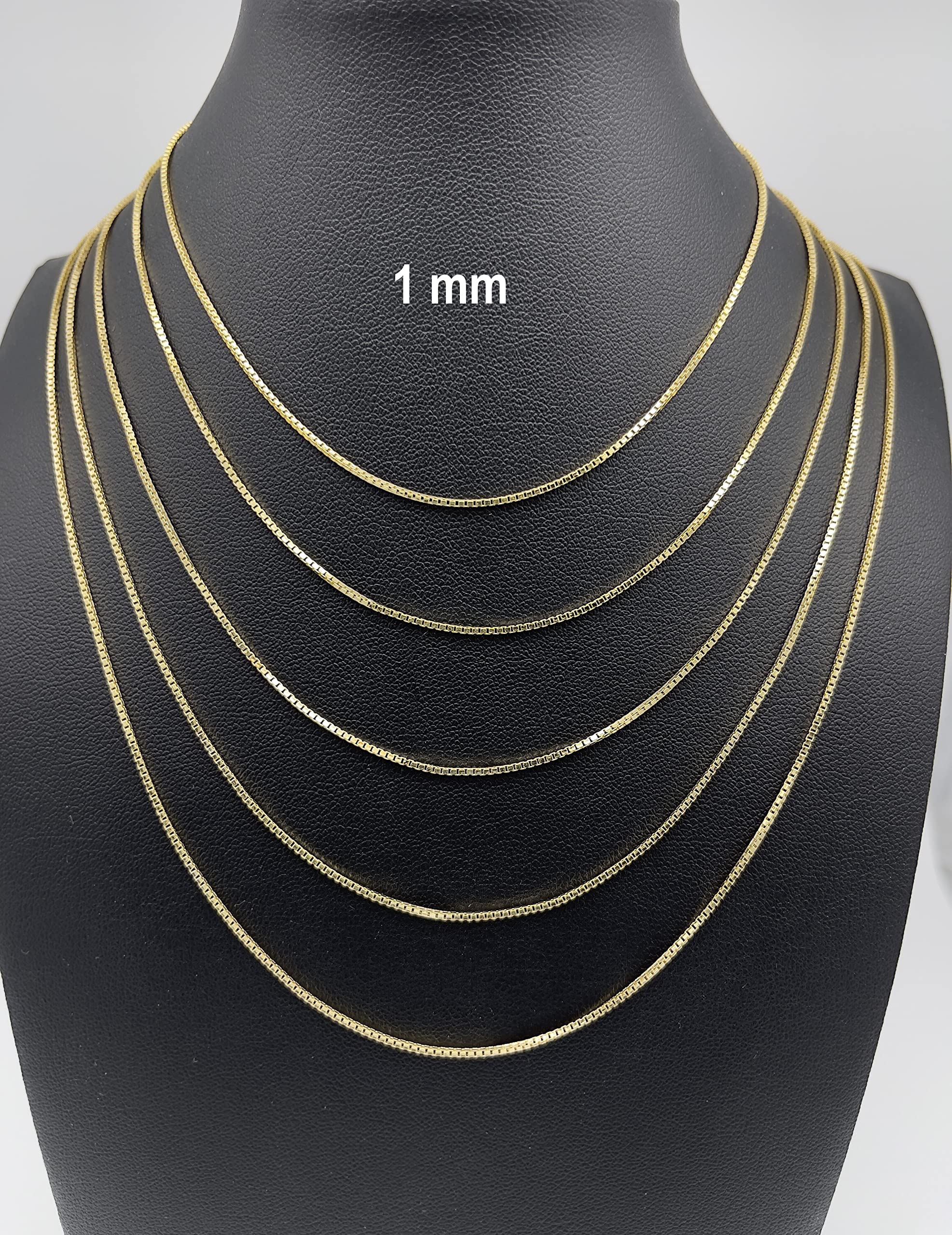 JEWELHEART 14K Real Gold Box Chain - 1mm Diamond Cut Yellow Gold Link Chain Necklace For Men - Dainty Gold Pendant Necklace For Women with Lobster Clasp 24"