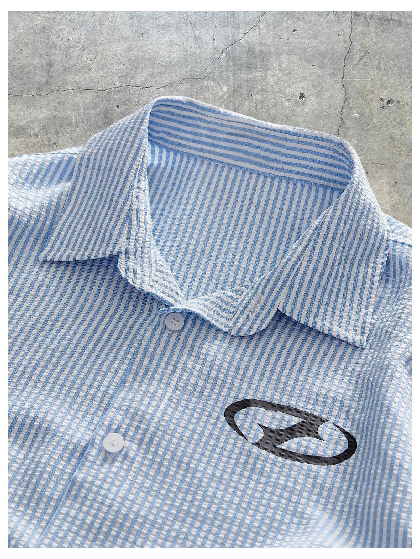 GORGLITTER Men's Cropped T Shirt Oversized Striped Button Up Letter Graphic Short Sleeve Collared Crop Tops Streetwear Black and Blue Small