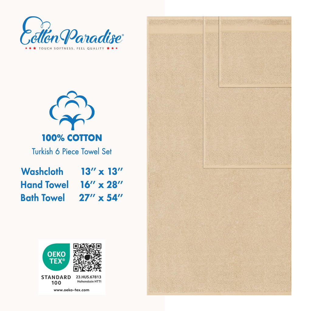 Cotton Paradise 6 Piece Towel Set, 100% Cotton Soft Absorbent Turkish Towels for Bathroom, 2 Bath Towels 2 Hand Towels 2 Washcloths, Beige Towel Set