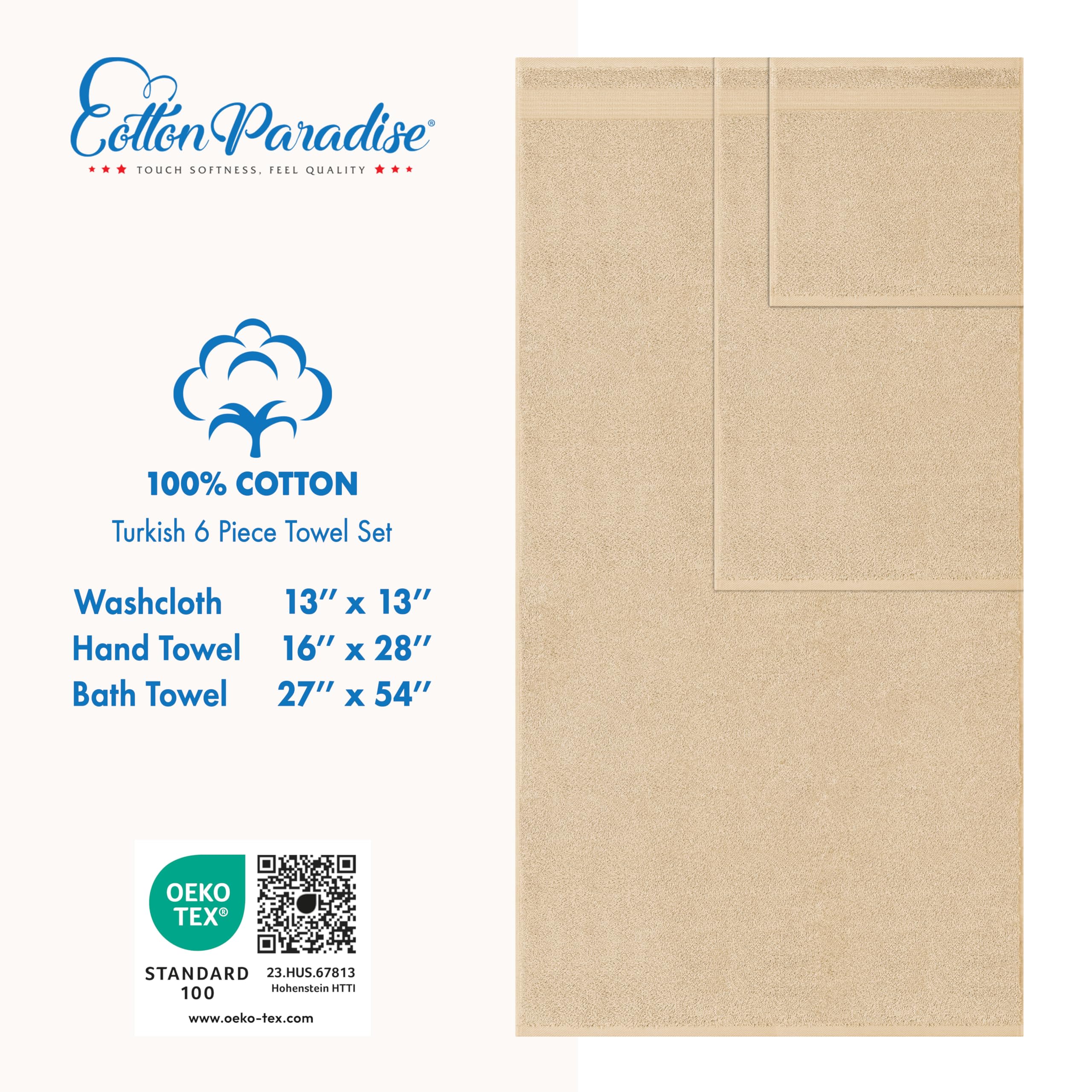 Cotton Paradise 6 Piece Towel Set, 100% Cotton Soft Absorbent Turkish Towels for Bathroom, 2 Bath Towels 2 Hand Towels 2 Washcloths, Beige Towel Set