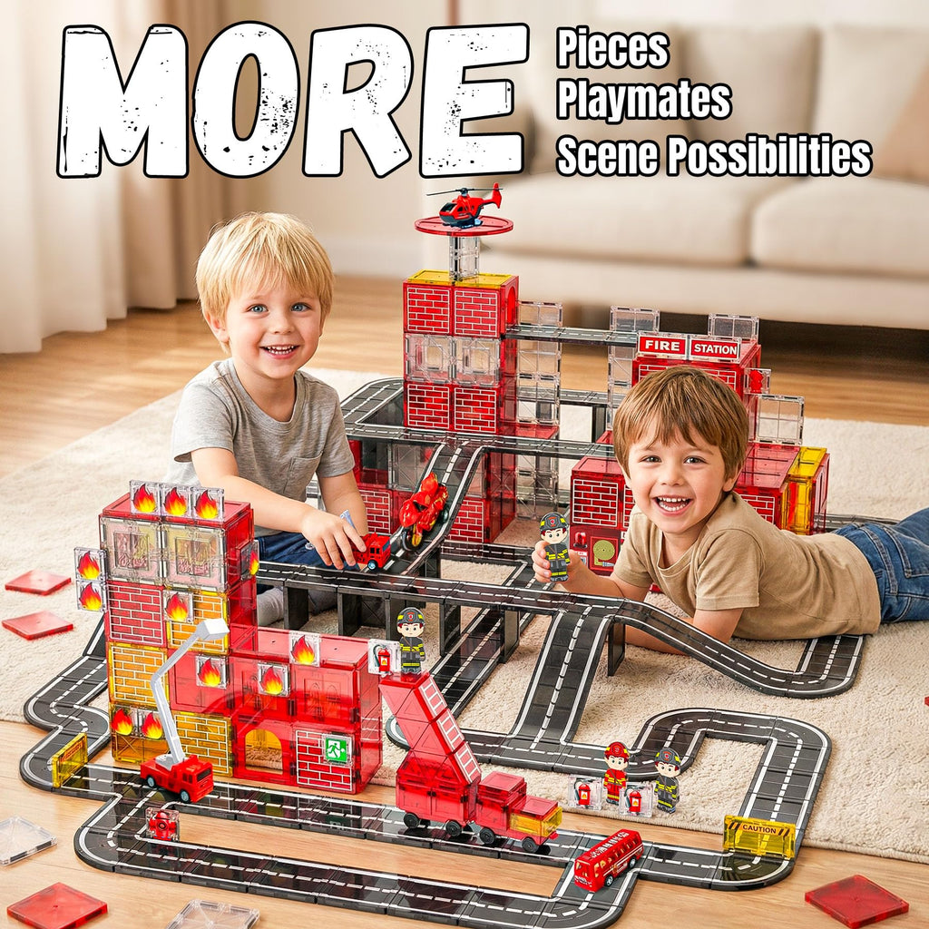 141PCS Magnetic Tiles for kids, Fire Rescue Theme Magnet Tiles with Fire Station & Fire Rescue Vehicles, STEM Magnetic Tiles for Kids Ages 4-8, Preschool Educational Building Toys for Boys & Girls