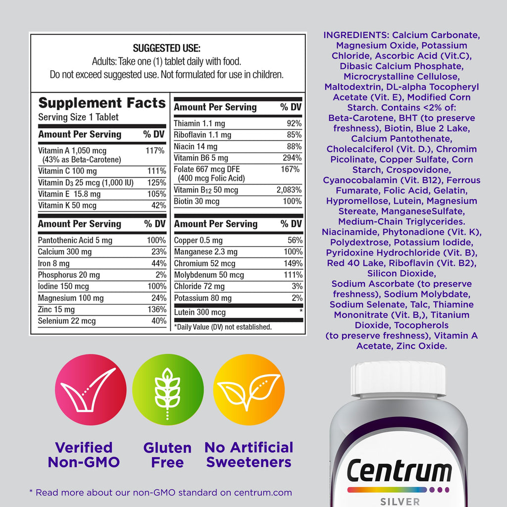 Centrum Silver Women's Multivitamin for Women 50 Plus, Multivitamin/Multimineral Supplement with Vitamin D3, B Vitamins, Non-GMO Ingredients, Supports Memory and Cognition in Older Adults - 200 Ct
