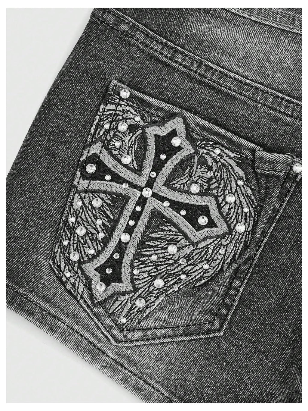 WDIRARA Women's Cross Embroidery Rhinestone Denim Shorts Y2k Grunge Punk Jean Shorts