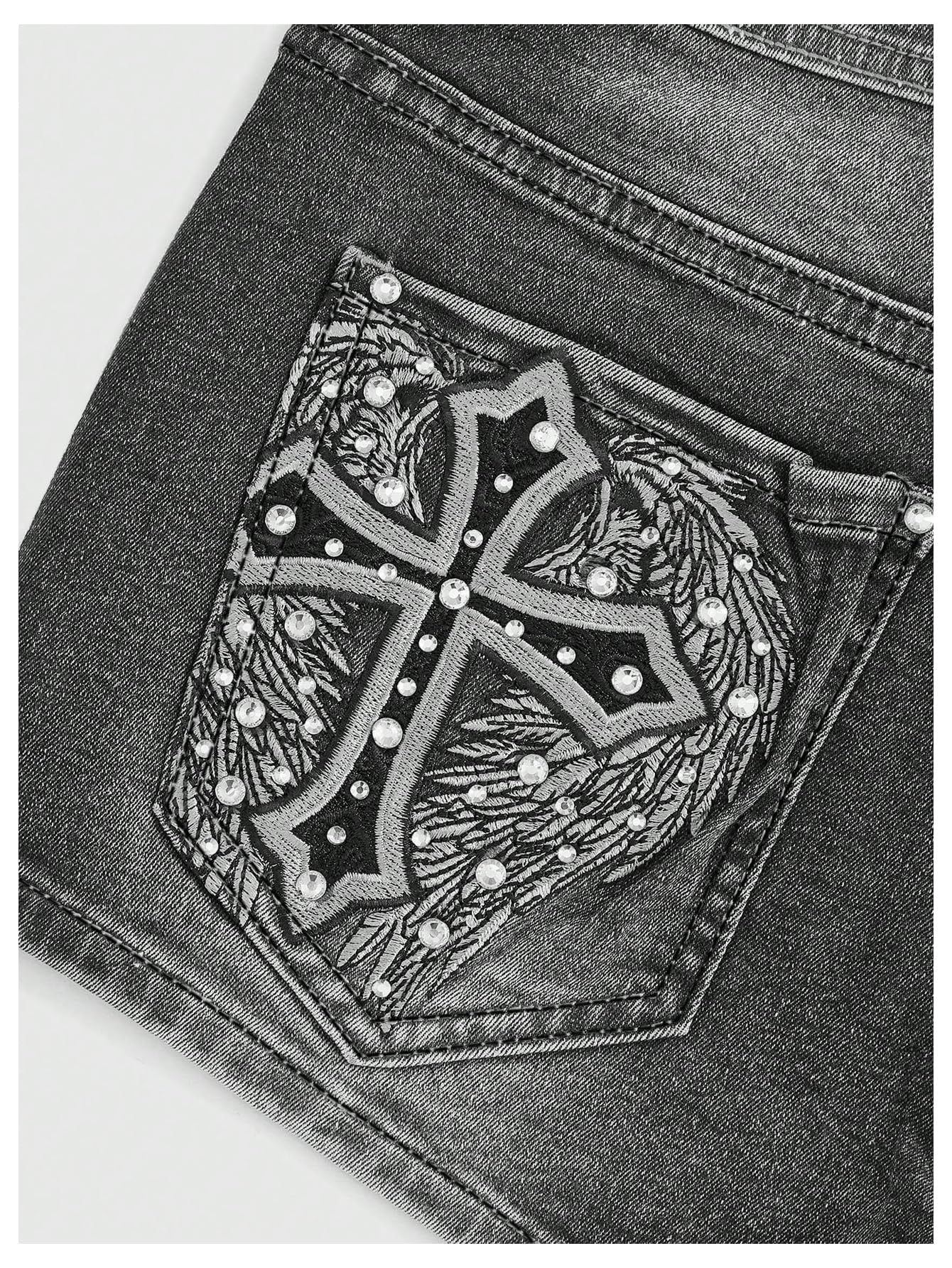 WDIRARA Women's Cross Embroidery Rhinestone Denim Shorts Y2k Grunge Punk Jean Shorts