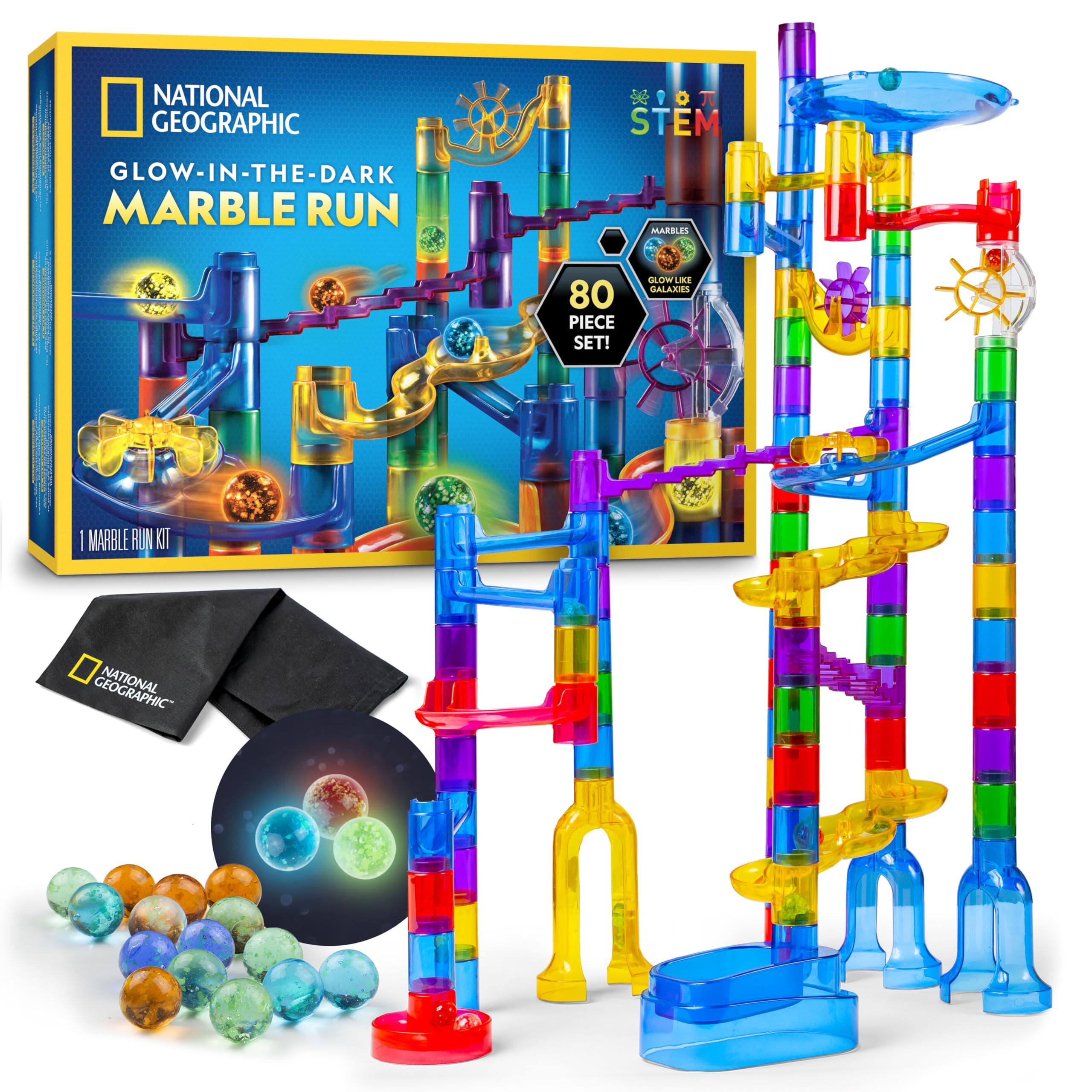 NATIONAL GEOGRAPHIC Glowing Marble Run – Construction Set with 15 Glow in The Dark Glass Marbles & Storage Bag, STEM Gifts for Boys and Girls, Building Project Toy (Amazon Exclusive)