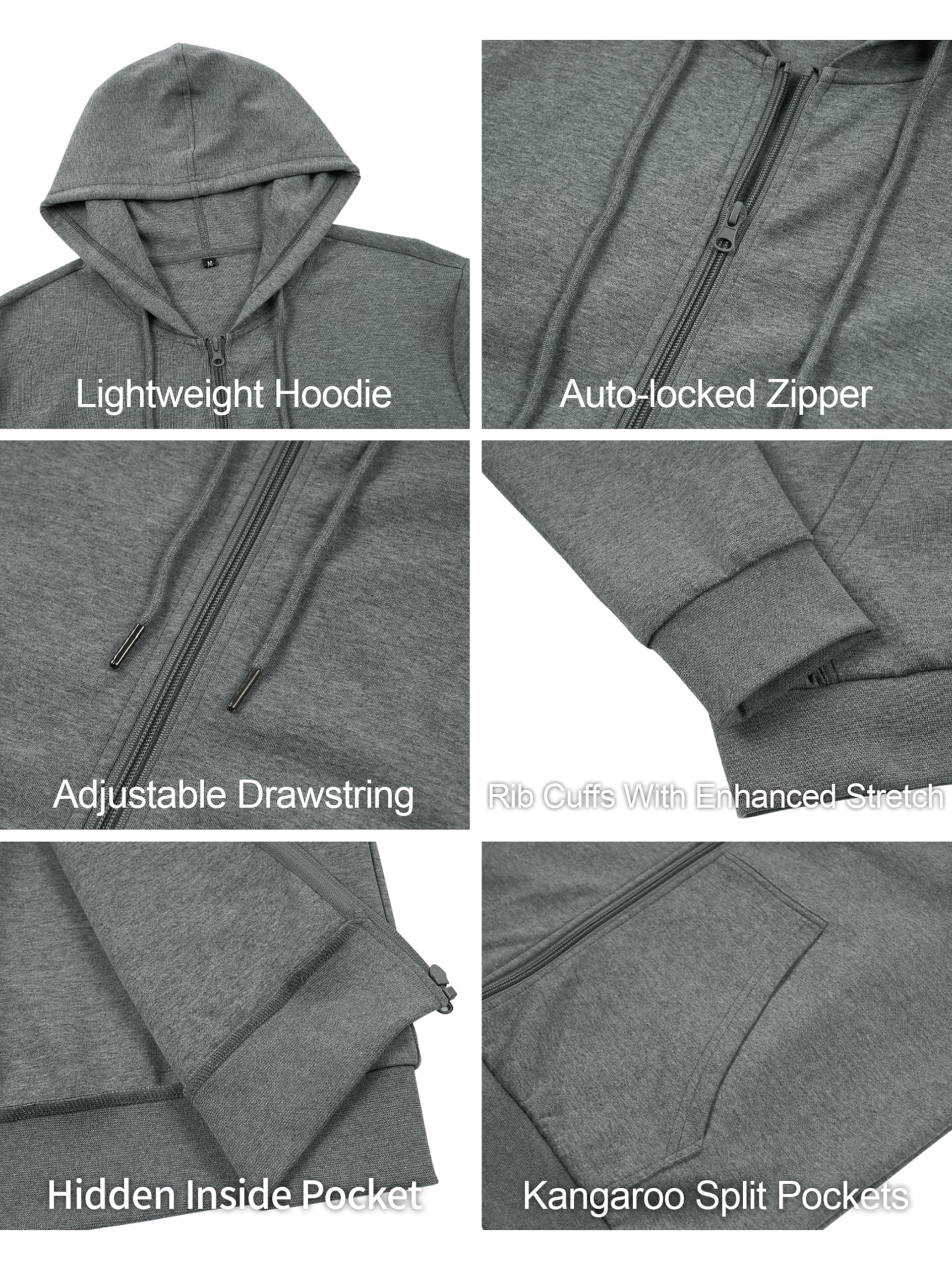 ALTHLEMON Men's Lightweight Zip Up Hoodie Long Sleeve Sweatshirt Athletic Slim Fit Basic Jacket with Pockets(Regular & Tall)(Charcoal Heather 3XL)