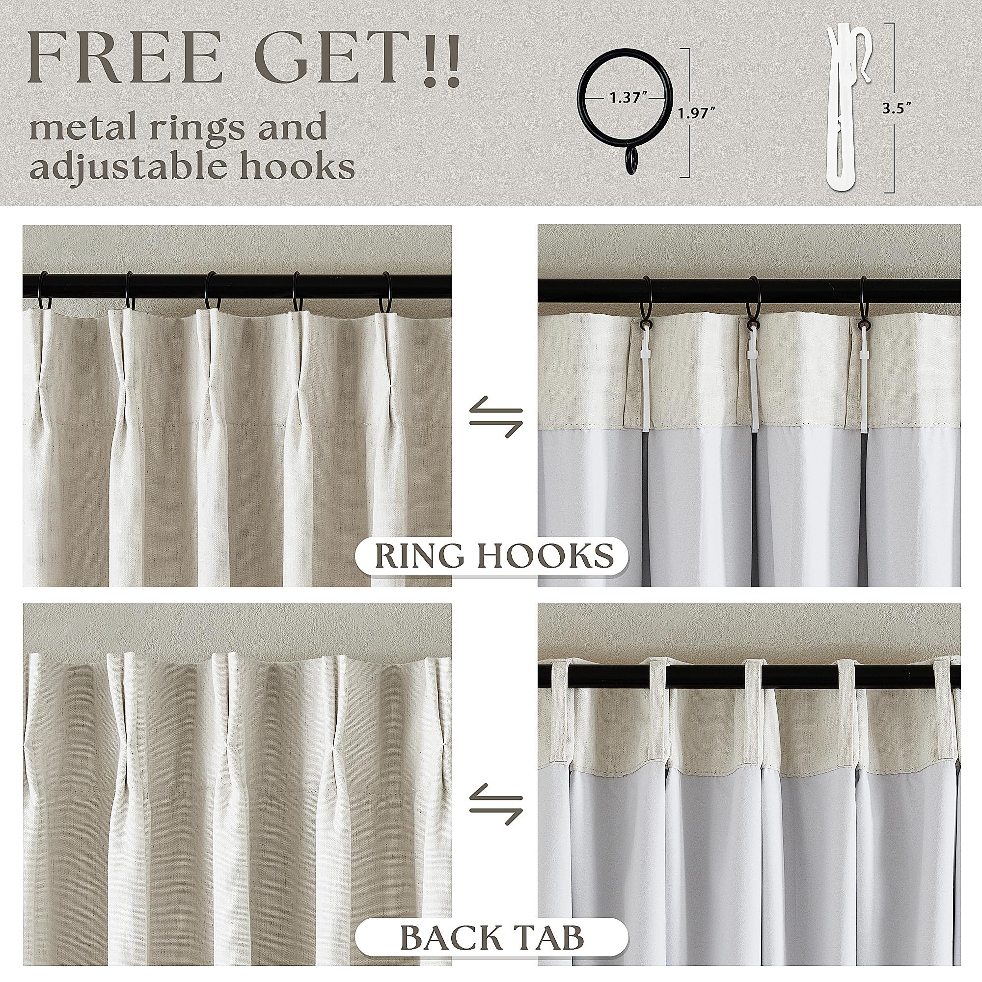 Natural Cream Linen Black Out Curtains 120 Inch Long for Living Room Bedroom 1 Panel Room Darkening Pinch Pleated Back Tab Extra Long Blackout Curtains Boho Farmhouse Thermal Insulated Drapes 60x120
