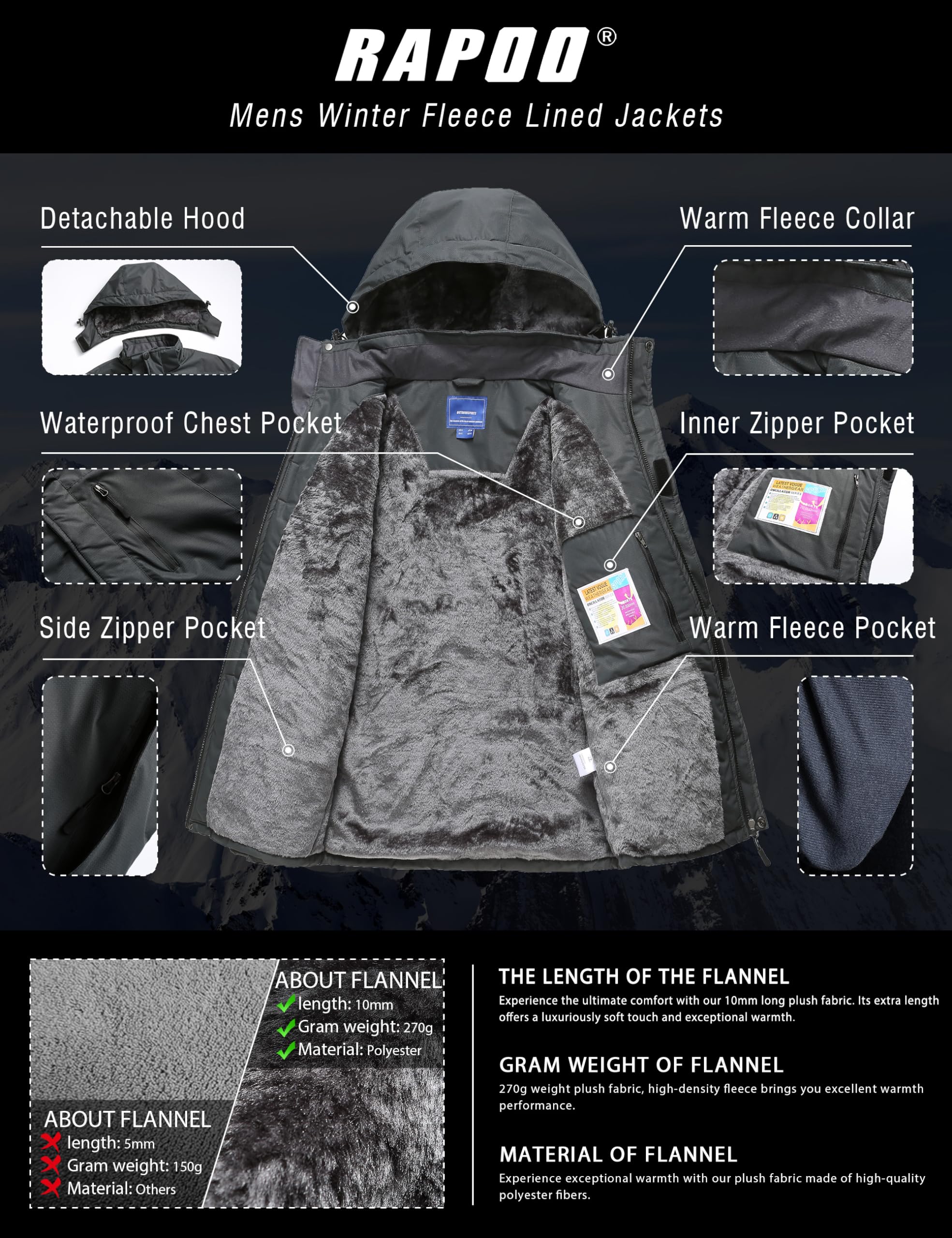 Rapoo Winter Jackets for Men Winter Coats for Men Rain Waterproof Windbreaker Warm Snowboard Ski Snow Softshell Jacket Coats Raincoat Darkgrey 2XL