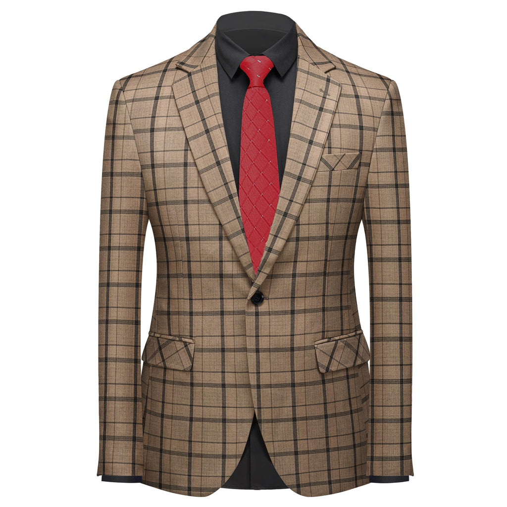 MOGU Suits for Men, 3-Piece Plaid Suit Set with Blazer, Vest and Pants for Wedding, Prom, Business (X-Large, Khaki)