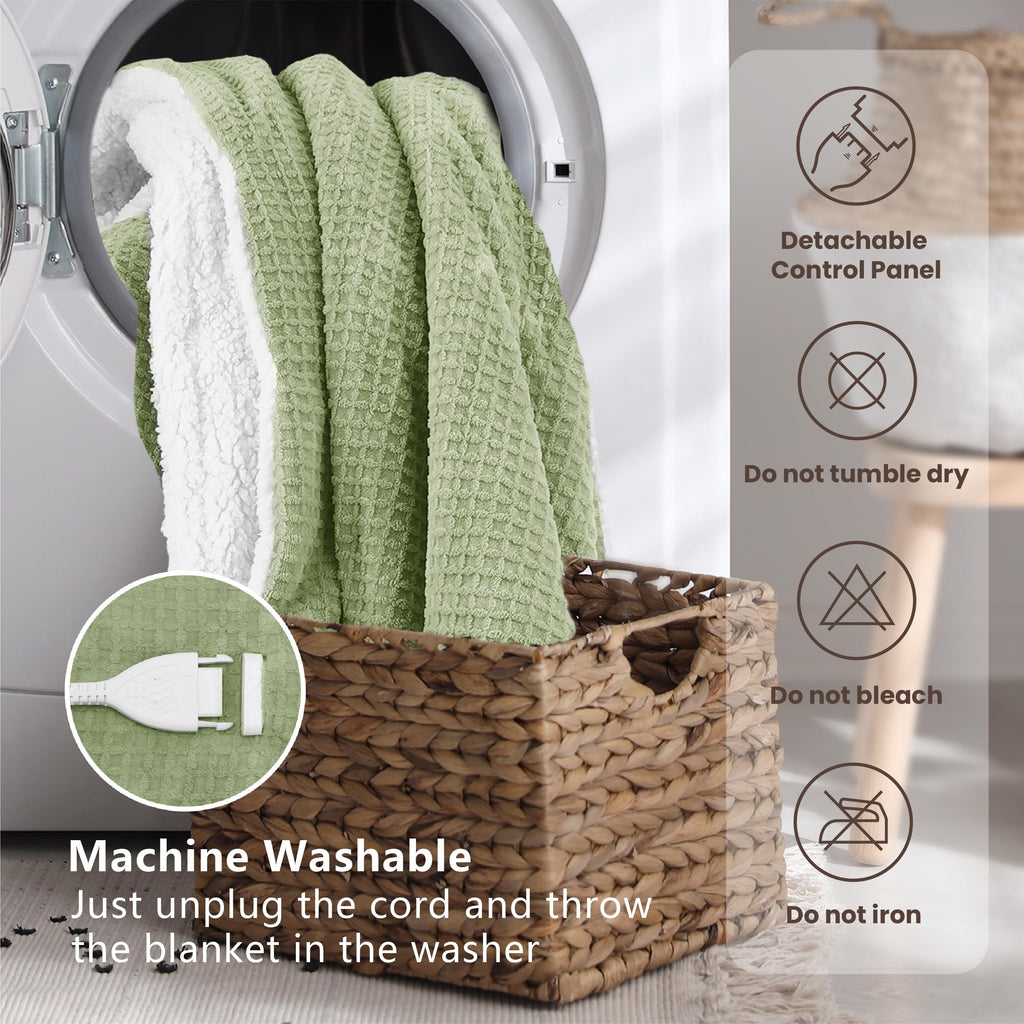 blunique Heated Blanket Electric Throw Waffle, 50x60 Inches Sherpa Fleece Fast Heating Blanket 6 Heating Levels & 4 Hours Auto Off ETL Certification, Sage Throw