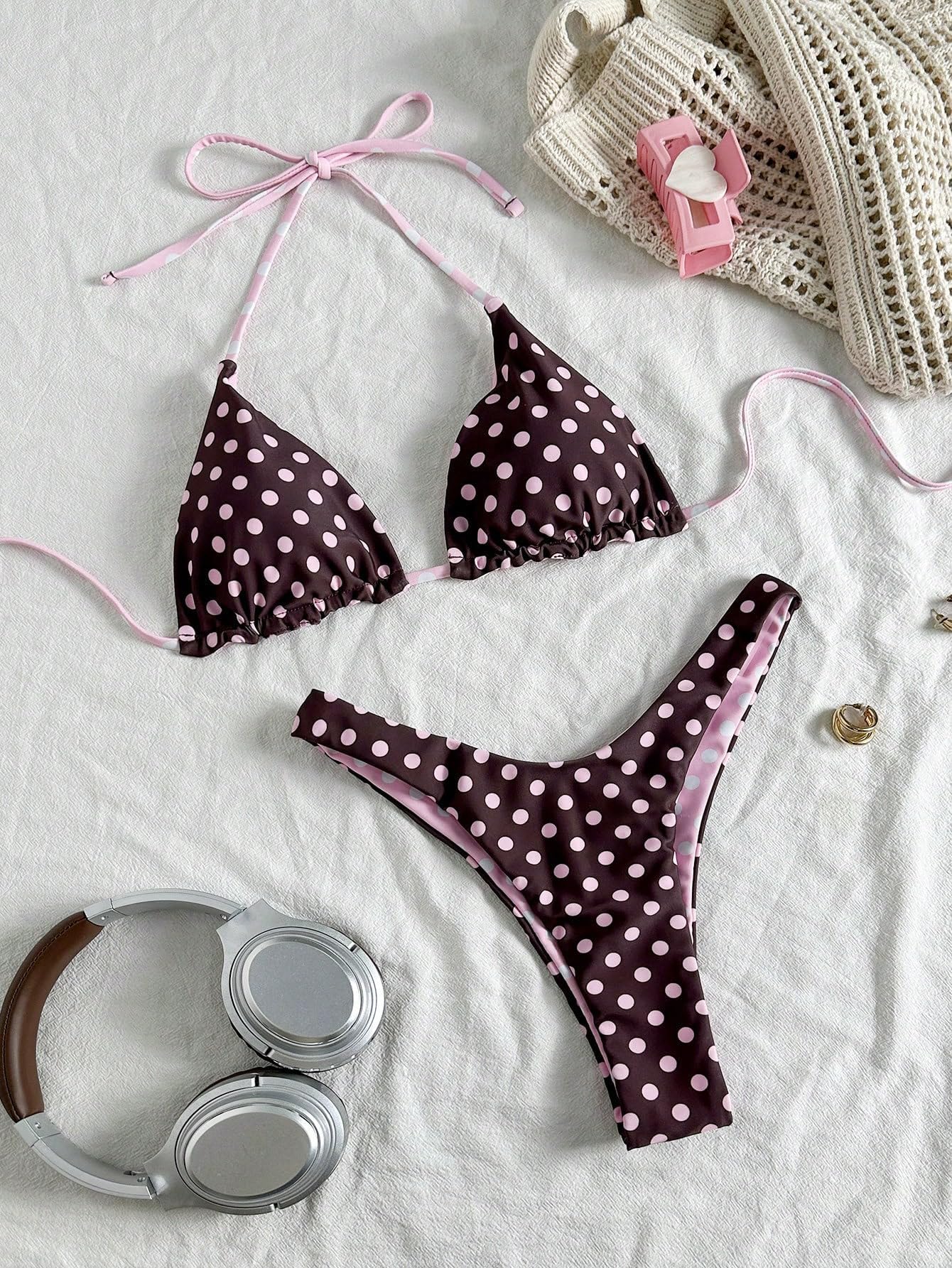 WDIRARA Women's Polka Dots Reversible Bikini Set Halter Triangle Swimsuit 2 Piece High Cut Bathing Suit Coffee Brown Small