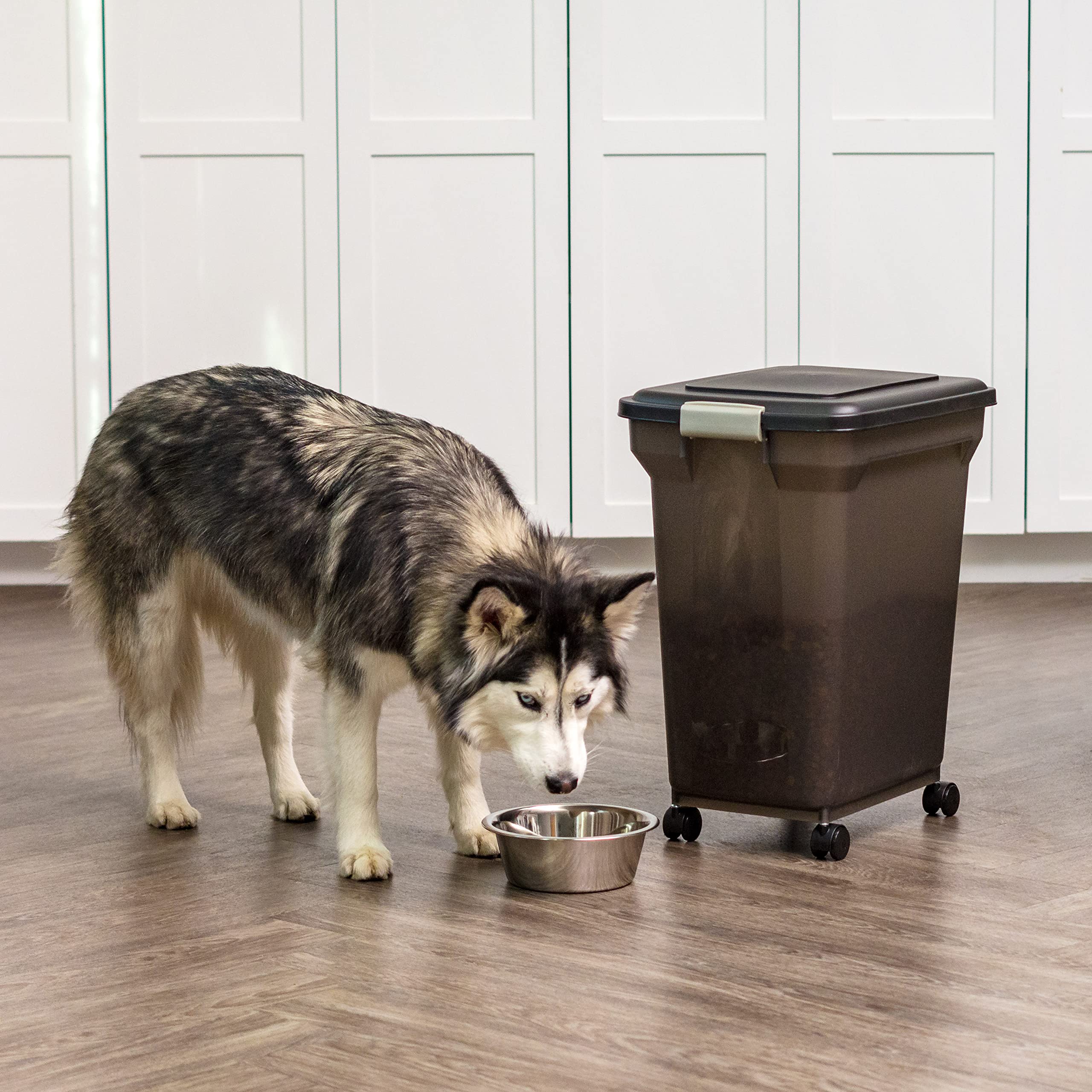 IRIS USA Airtight Dog Food Storage Container, WeatherPro, Up to 40 lbs, Removable Wheels, for Dog Cat Bird and Other Pet Food Storage Bin, Keep Fresh, Translucent Body, Made in USA, Smoke/Black