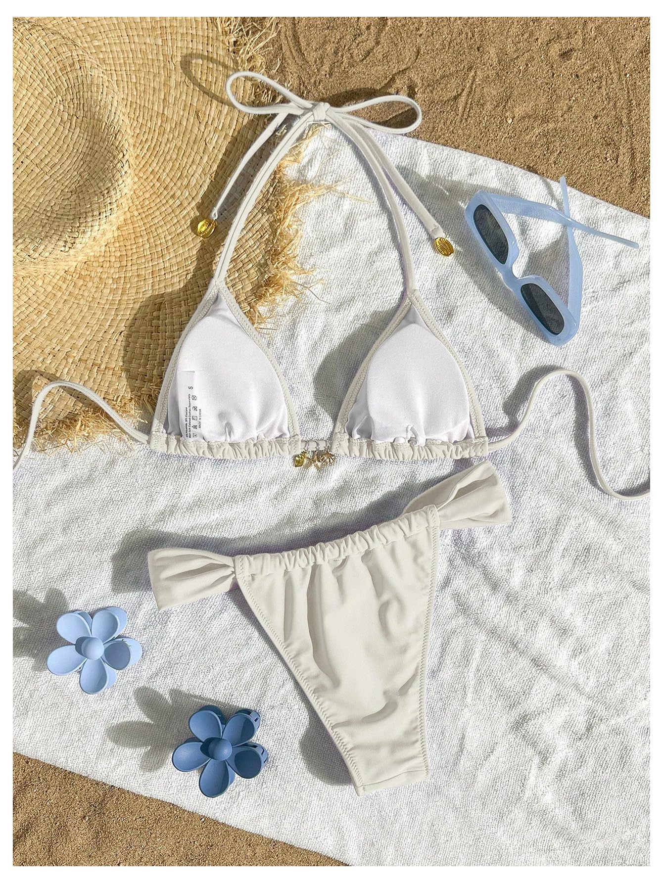 SOLY HUX Women's Halter String Bikini Sets High Cut Cheeky Thong Sexy Two Piece Swimsuits Bathing Suit Pure Beige Small