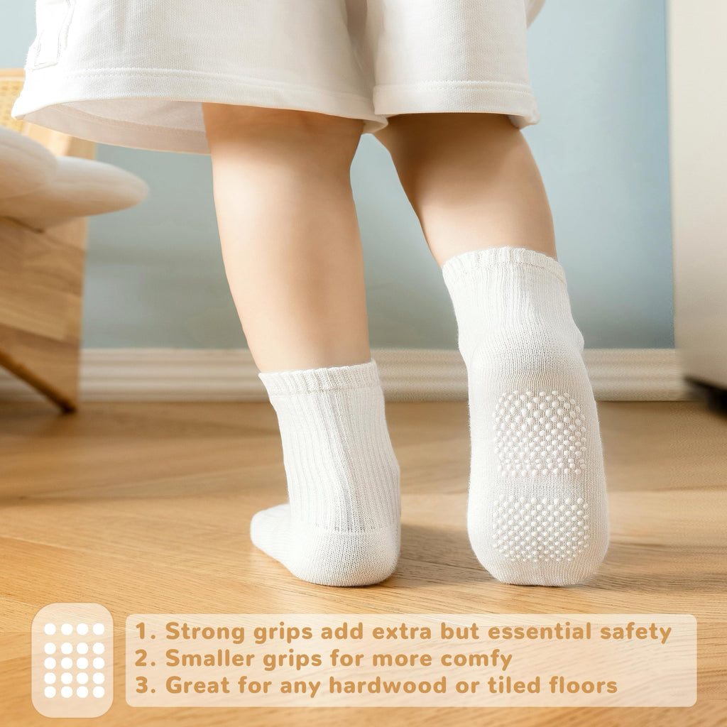 EUFANCE Toddler Grip Socks Non Slip Crew Cute Seamless Cotton Socks for Baby Boys Girls Infants Kids White 9 Pairs