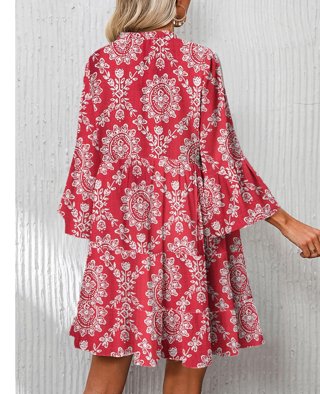 SELINK Womens Long Sleeve Dresses Casual V Neck Tribal Print Button Flowy Boho Mini Beach Dress Red-L