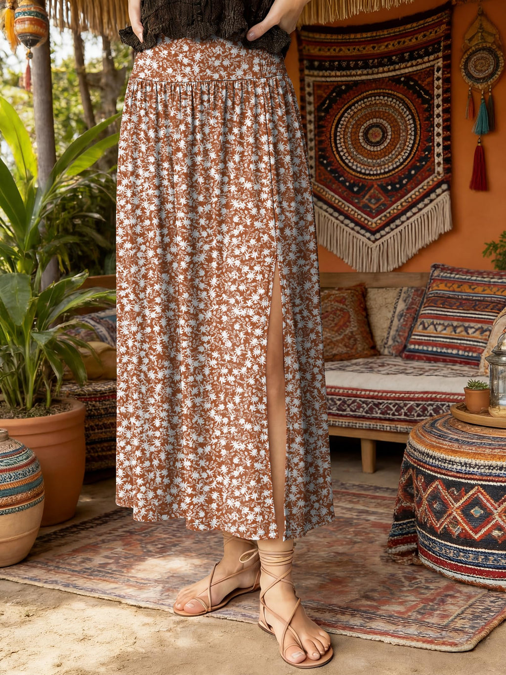 ANRABESS Maxi Skirts for Women Summer Trendy Elastic High Waisted Casual Boho Floral Slit Flowy Skirts with Pockets Fashion Floral Brown Small
