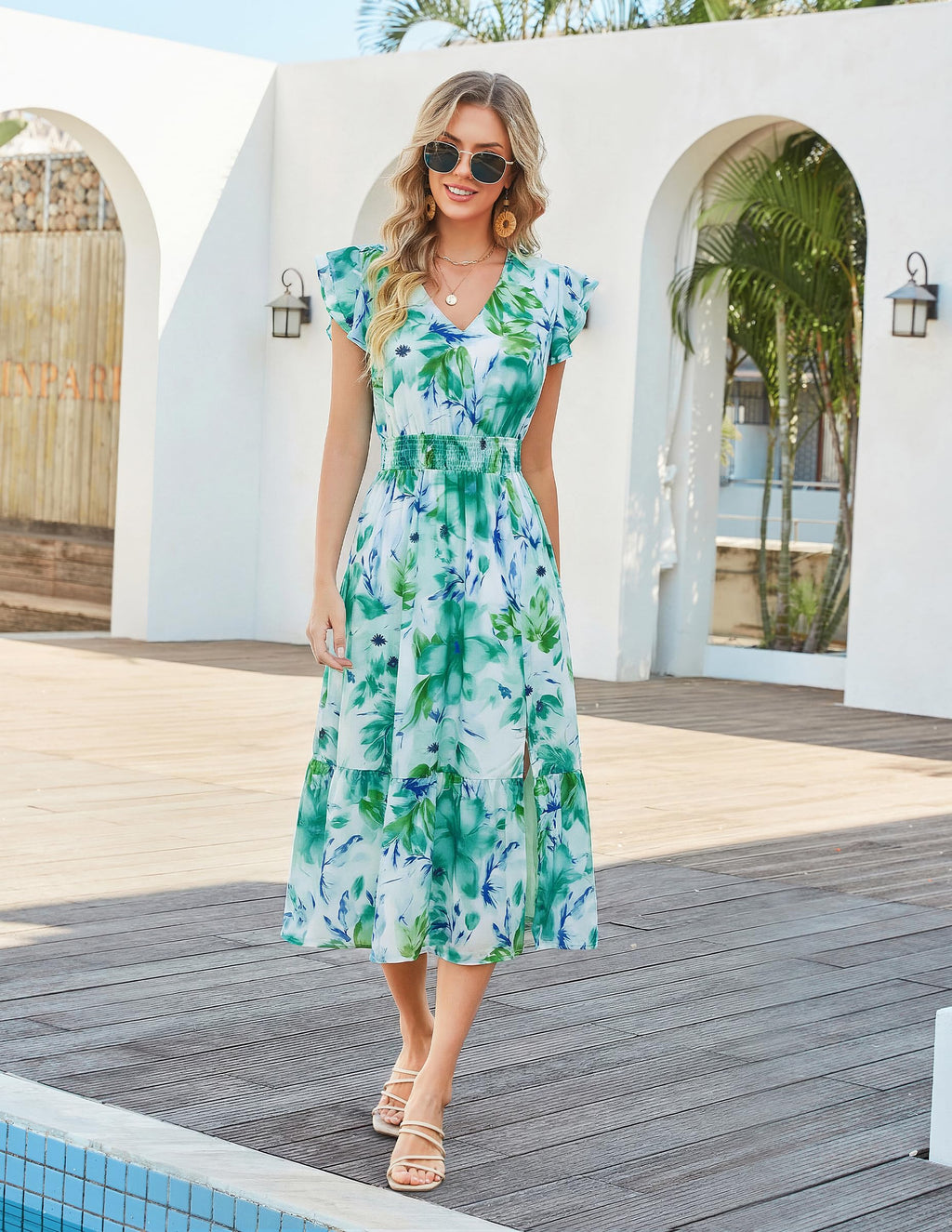 GRACE KARIN 2026 Womens Summer Dresses V Neck Ruffle Sleeve Floral Boho Beach A-Line Dress Green-Floral Print X-Large