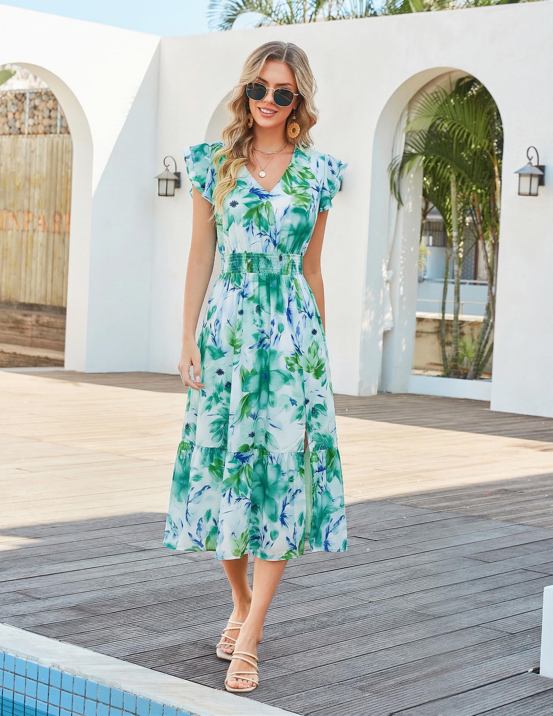 GRACE KARIN 2026 Womens Summer Dresses V Neck Ruffle Sleeve Floral Boho Beach A-Line Dress Green-Floral Print X-Large