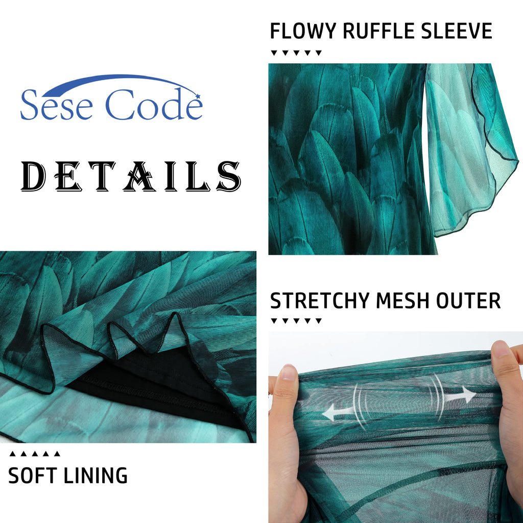 SeSe Code Flutter Sleeve Tops for Women Dressy Blouses for Women Business Casual Elegant Chiffon Tops Mesh Shirts Sheer Floral Blouses Summer Clothes Multi Black L