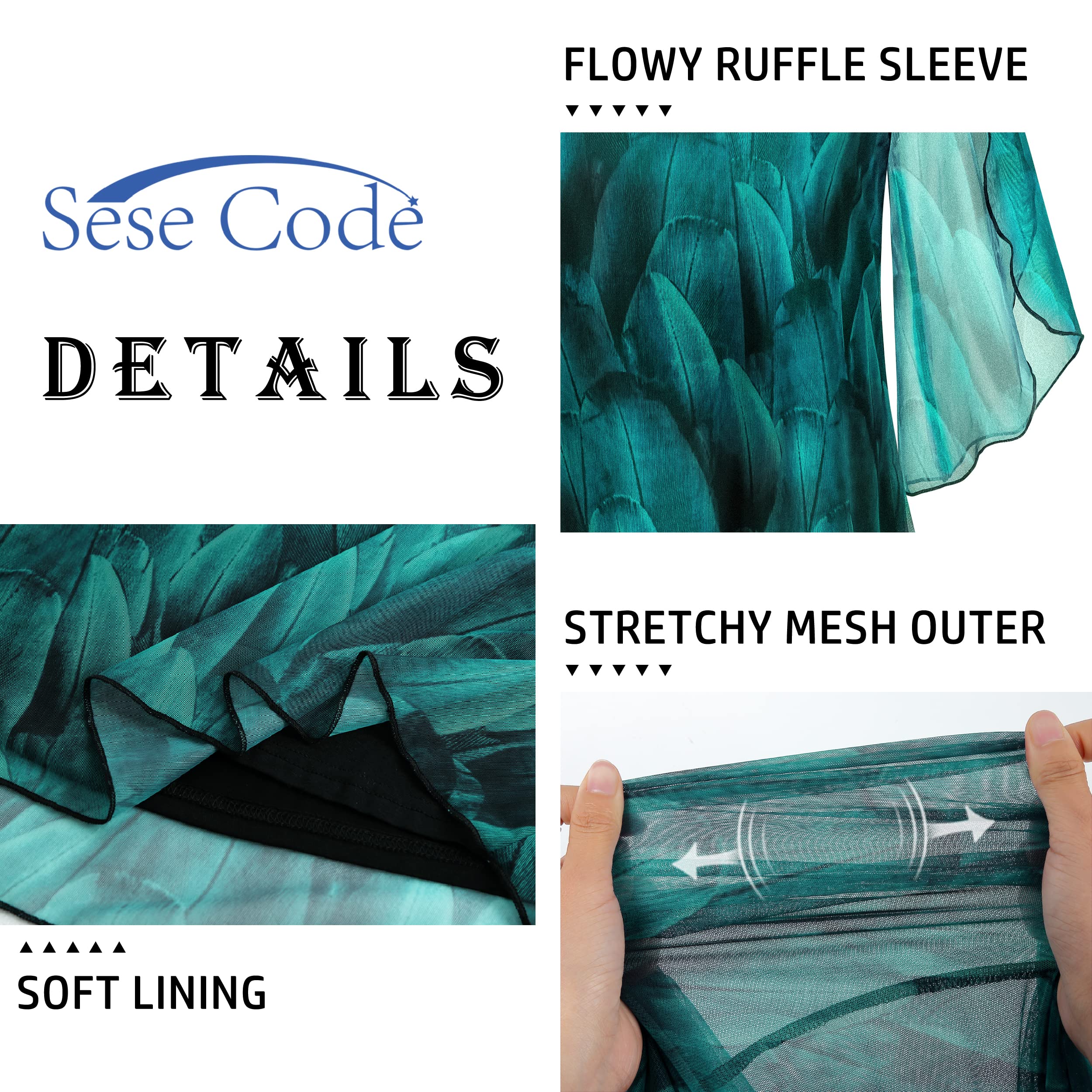 SeSe Code Flutter Sleeve Tops for Women Dressy Blouses for Women Business Casual Elegant Chiffon Tops Mesh Shirts Sheer Floral Blouses Summer Clothes Multi Black L