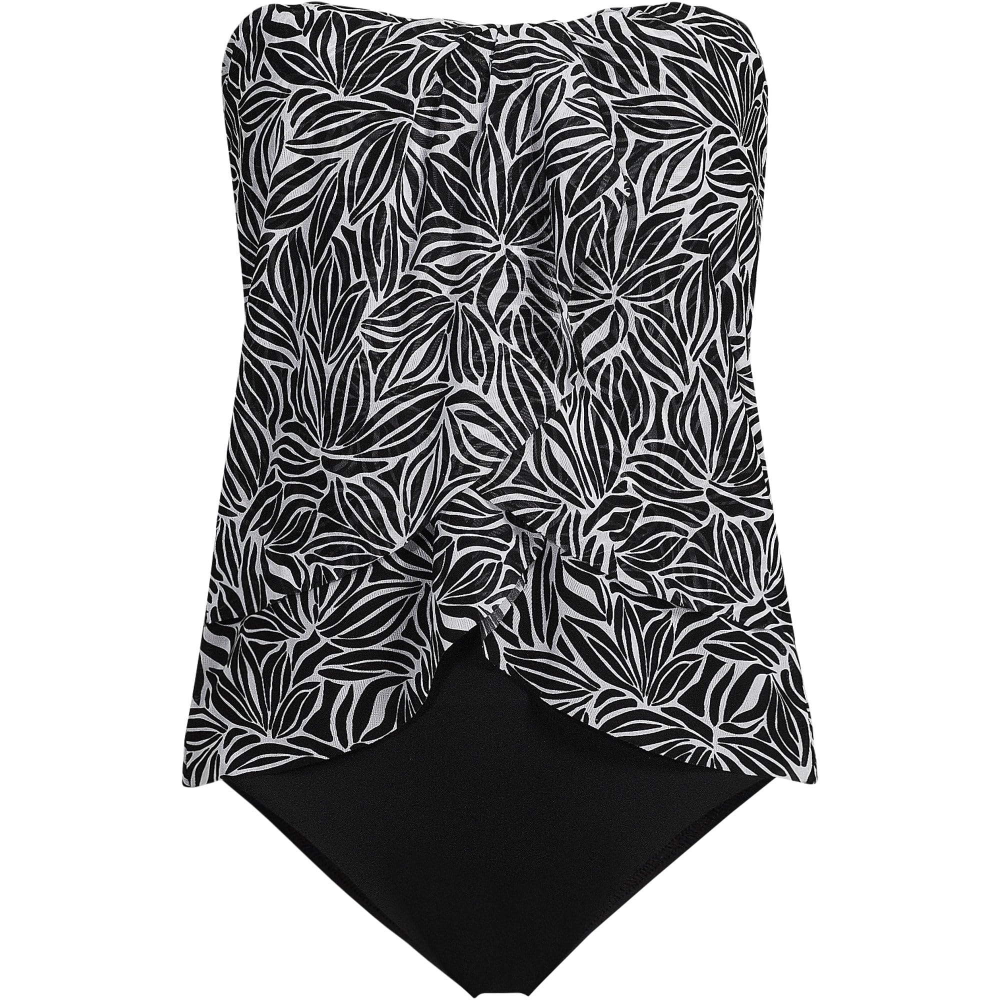 Lands' End Women's Chlorine Resistant Mesh Bandeau High Leg Fauxkini One Piece Swimsuit 2 Black/White Abstract Floral